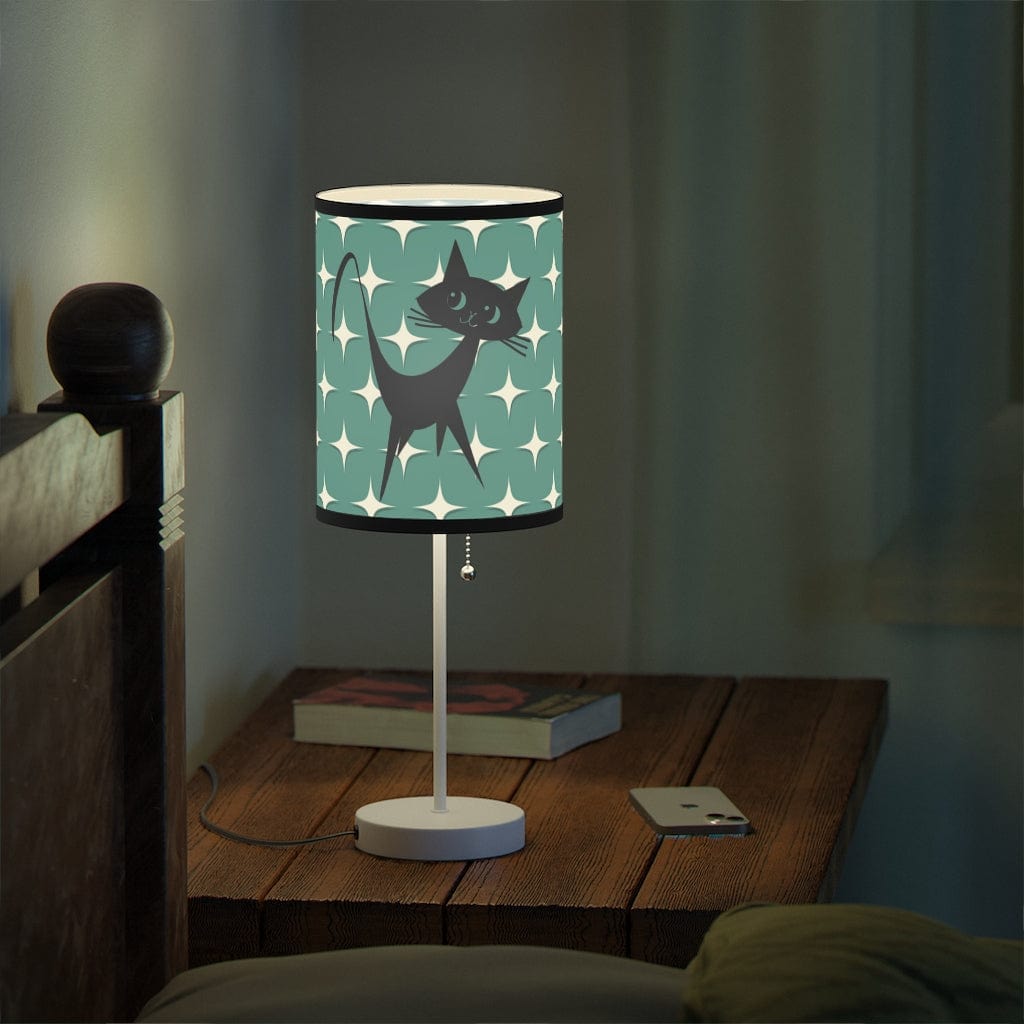 Mid Mod, Aqua Blue, White Starburst, Retro Atomic Cat, Mid Century Modern, MCM Table, Living Room, Bedroom, Office Lamp on a Stand Home Decor