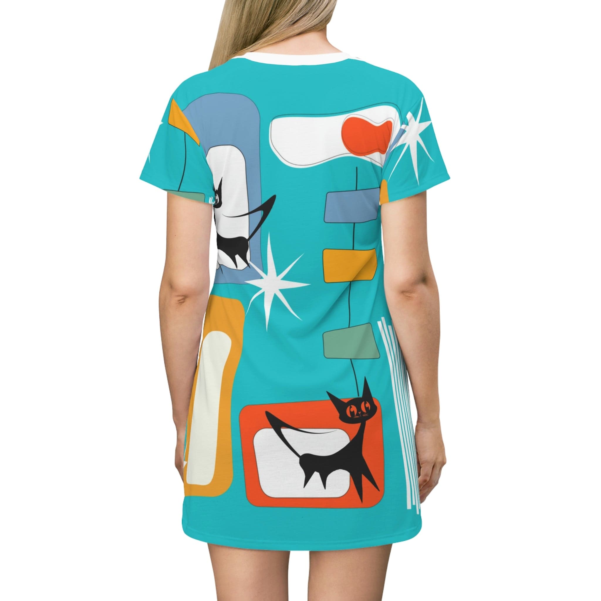 Mid Mod, Atomic Cat, Mid Century Modern Aqua Blue, Geometric Retro Hippie Chick T-Shirt Dress All Over Prints