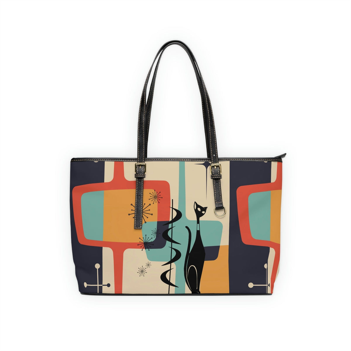 Mid Mod, Atomic Cat, Retro, Geometric Beige, Charcoal Gray, Yellow, Teal Blue, PU Leather Shoulder Bag Bags