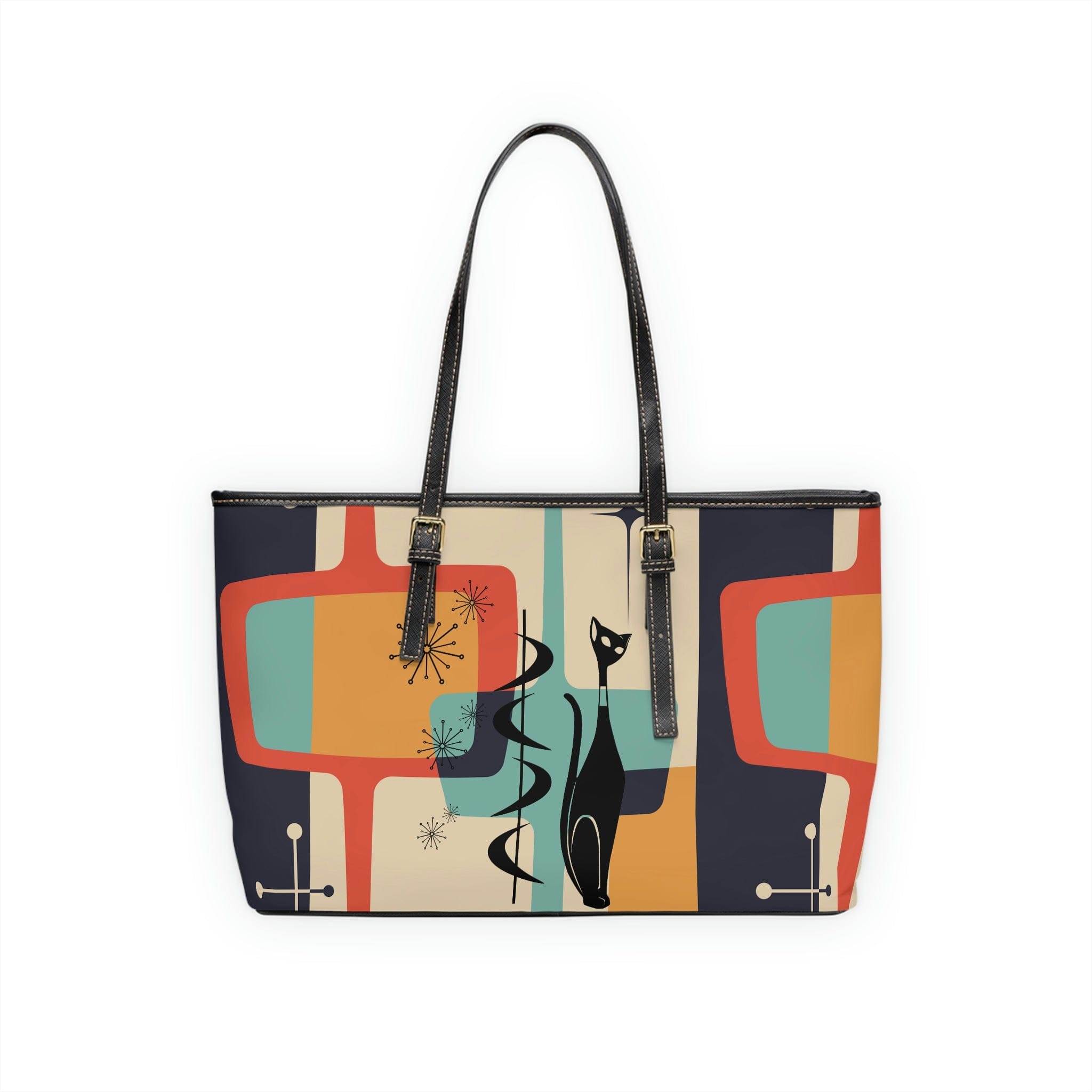 Mid Mod, Atomic Cat, Retro, Geometric Beige, Charcoal Gray, Yellow, Teal Blue, PU Leather Shoulder Bag Bags