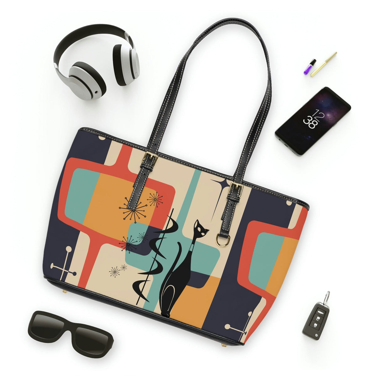Mid Mod, Atomic Cat, Retro, Geometric Beige, Charcoal Gray, Yellow, Teal Blue, PU Leather Shoulder Bag Bags
