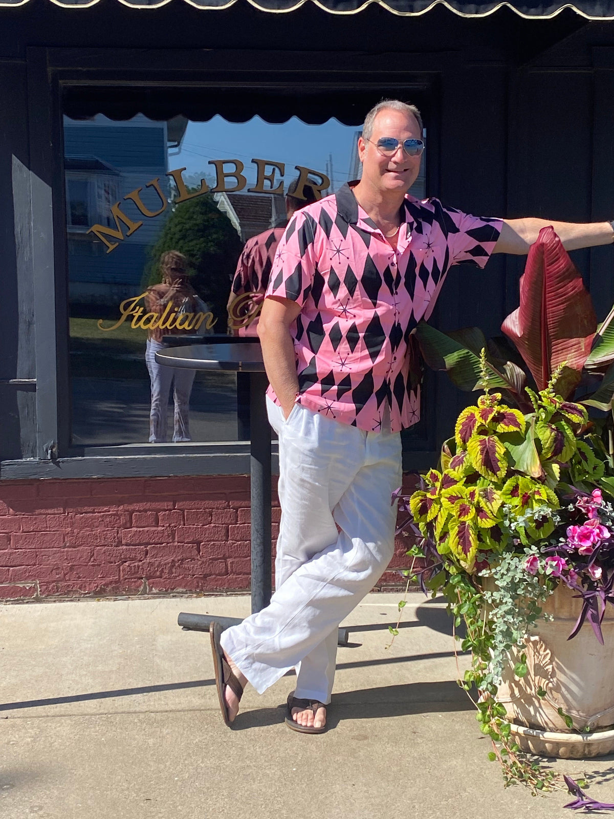 Mid Mod, Atomic Pink 50's Retro Starburst, MCM, Mid Century Modern Men's Hawaiian Shirt All Over Prints