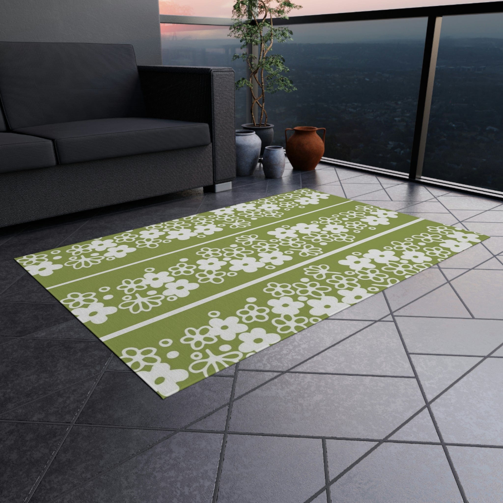 Mid Mod, Blossom Daisy, Retro Green, White, Indoor/Outdoor Large Area Rug Home Decor