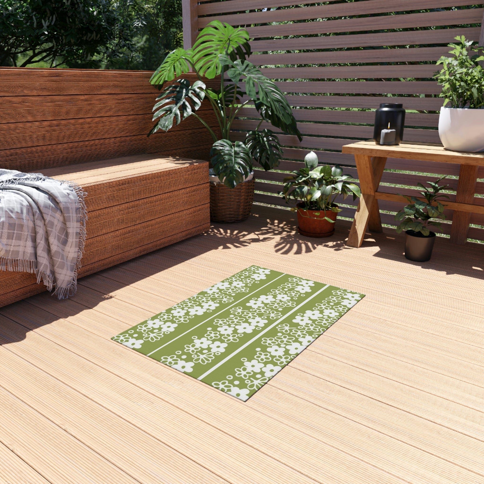 Mid Mod, Blossom Daisy, Retro Green, White, Indoor/Outdoor Large Area Rug Home Decor