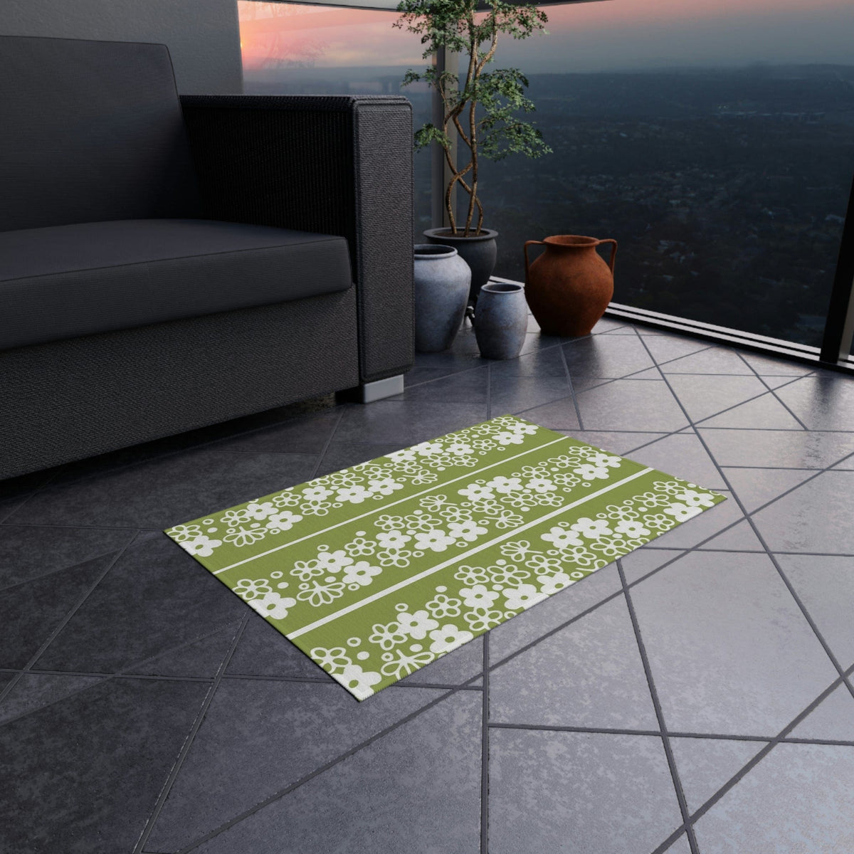 Mid Mod, Blossom Daisy, Retro Green, White, Indoor/Outdoor Large Area Rug Home Decor