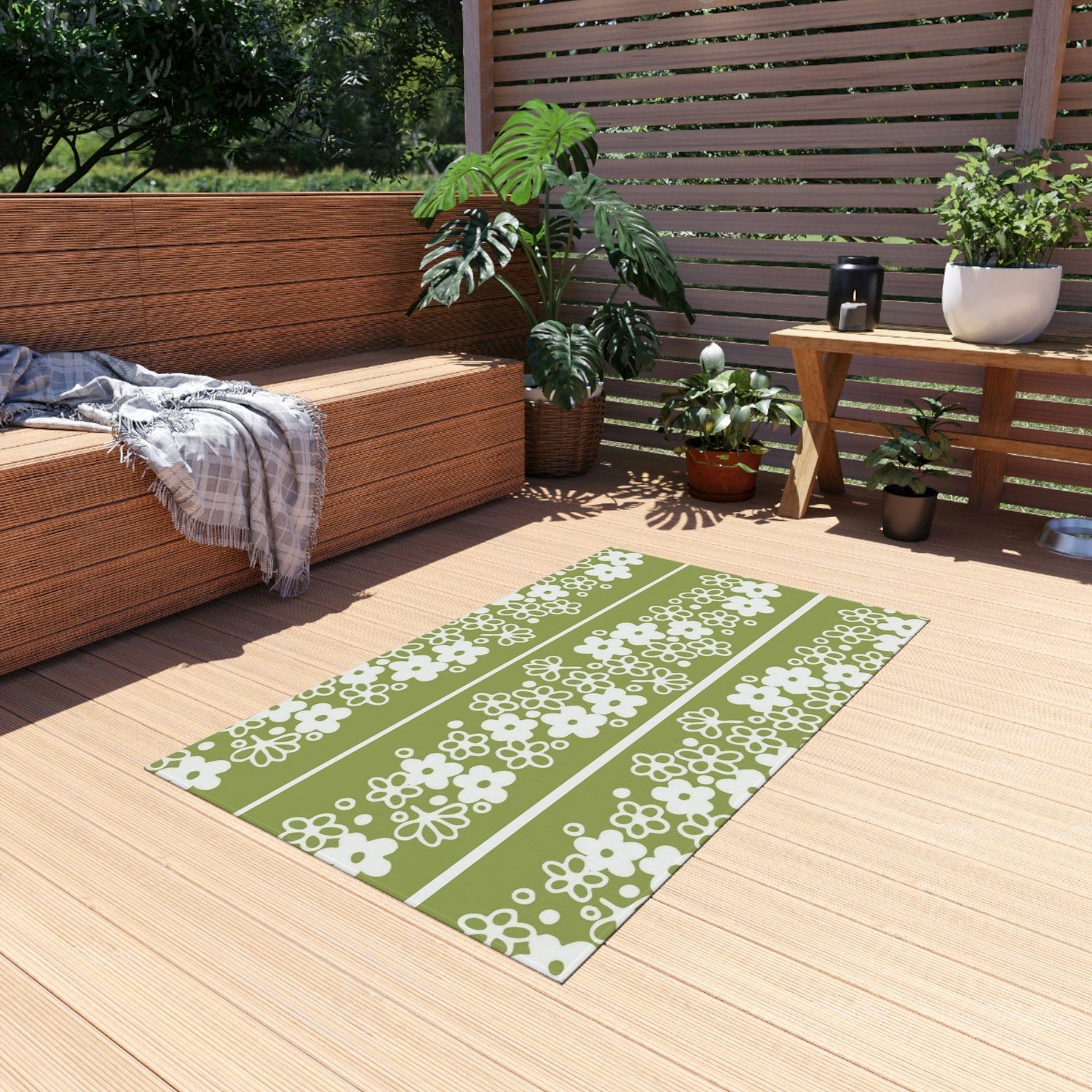 Mid Mod, Blossom Daisy, Retro Green, White, Indoor/Outdoor Large Area Rug Home Decor