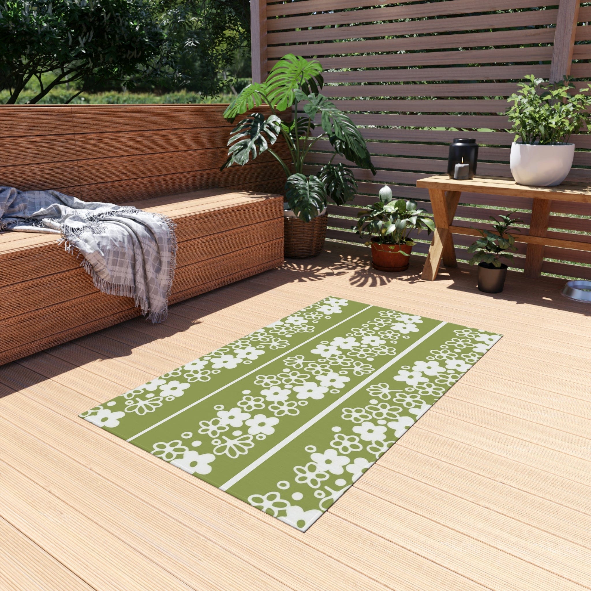 Mid Mod, Blossom Daisy, Retro Green, White, Indoor/Outdoor Large Area Rug Home Decor