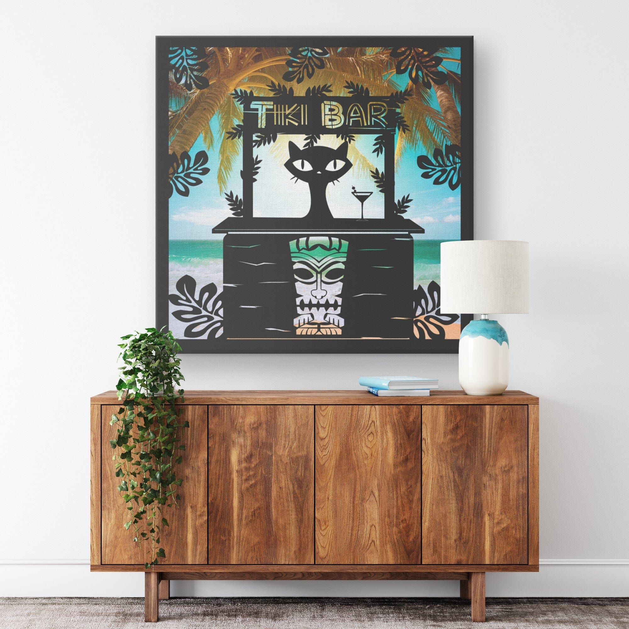 Mid Mod Cat, Tiki Bar, Retro Wall Art, Tropical Beach, Mid Century Modern Wall Art Wall Art