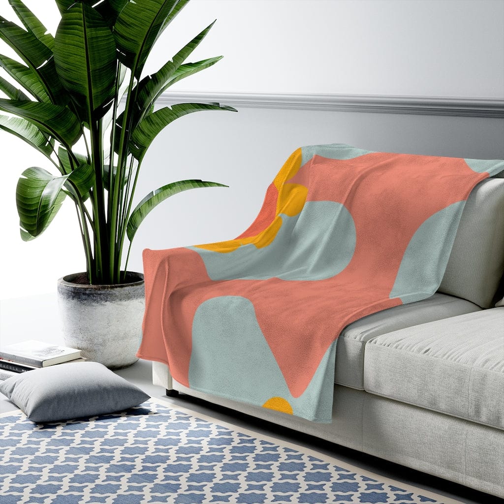 Mid Mod, Flower Power, Abstract Coral, Blue THIN MCM Velveteen Plush Blanket All Over Prints