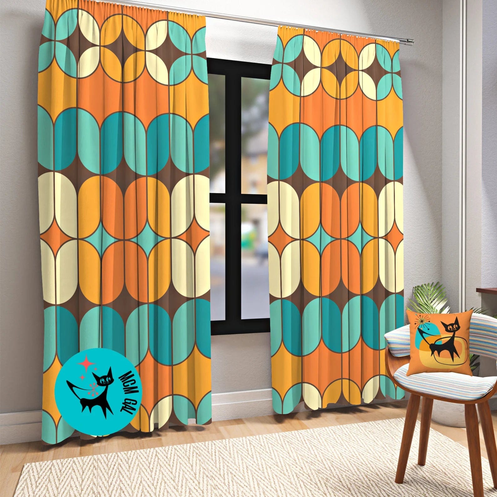 Mid Mod, Geometric, Bold, Beautiful, Orange, Teal, Mustard Yellow, Atomic Living, MCM, Mid Century Modern Living Room, Bedroom Curtains