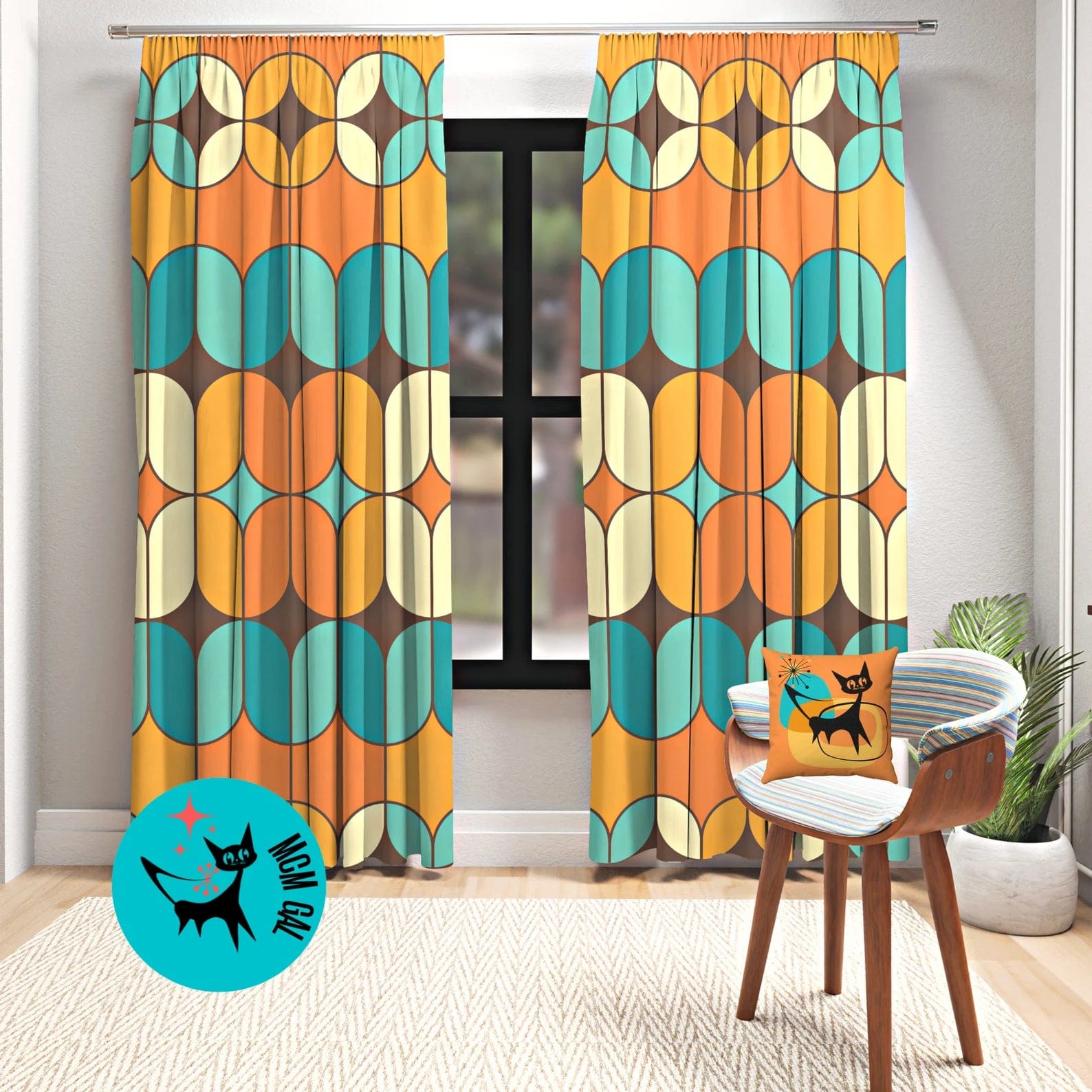 Mid Mod, Geometric, Bold, Beautiful, Orange, Teal, Mustard Yellow, Atomic Living, MCM, Mid Century Modern Living Room, Bedroom Curtains
