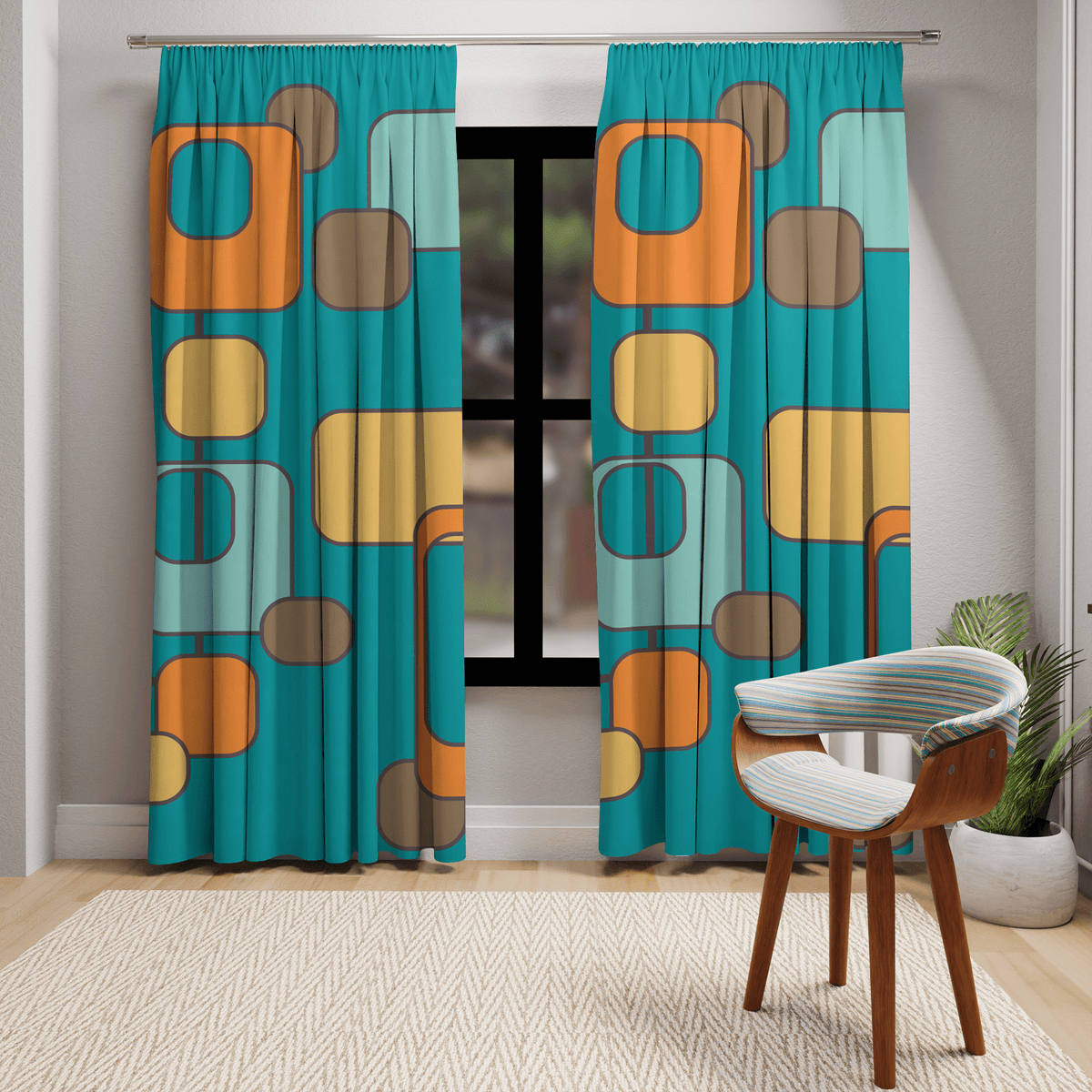 Mid Mod Geometric Teal, Orange Brown Retro Groovy Window Curtains