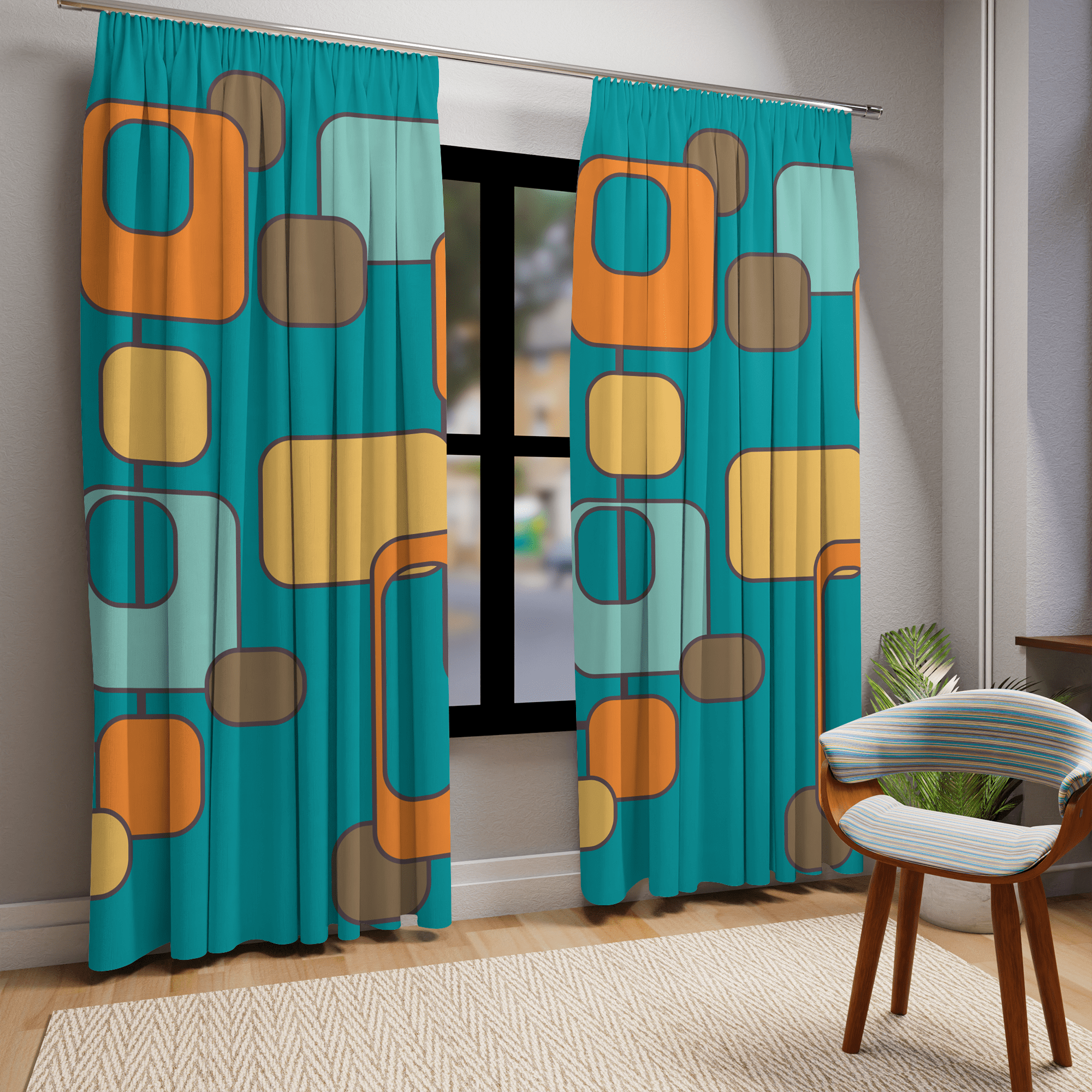 Mid Mod Geometric Teal, Orange Brown Retro Groovy Window Curtains