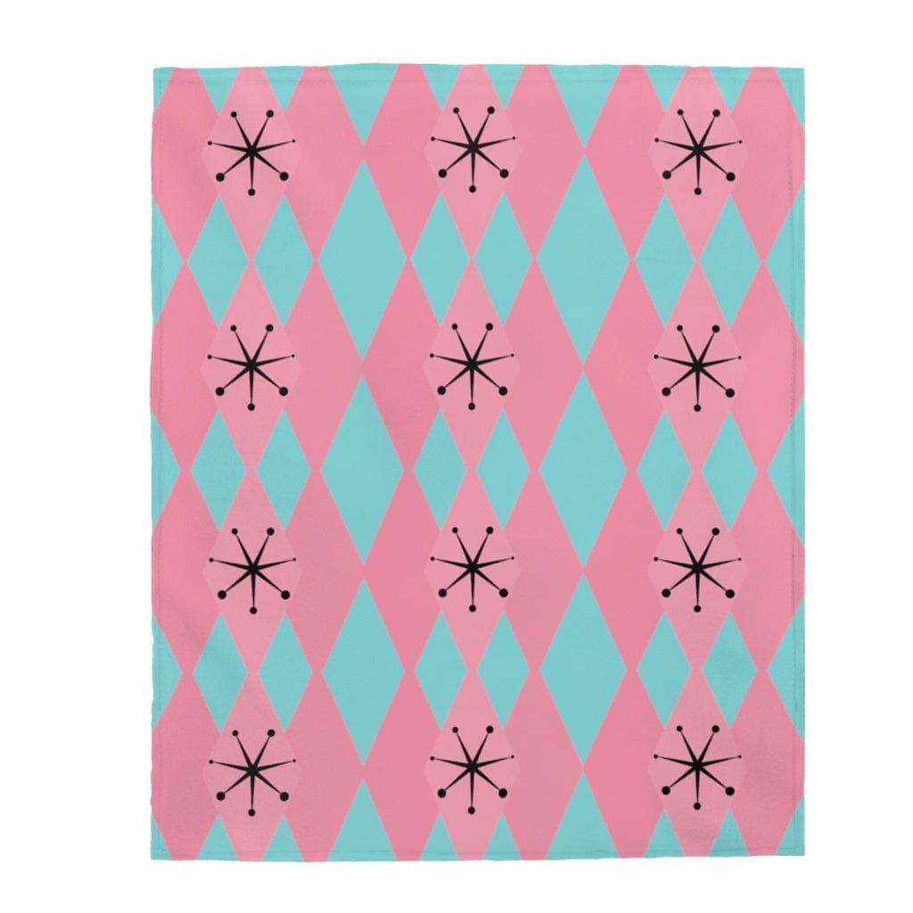 Mid Mod, MCM Mid Century Modern, Retro Blanket Turquoise Blue, Pretty Pink, Atomic 50s, Harlequin Diamonds Velveteen THIN Plush Blanket All Over Prints