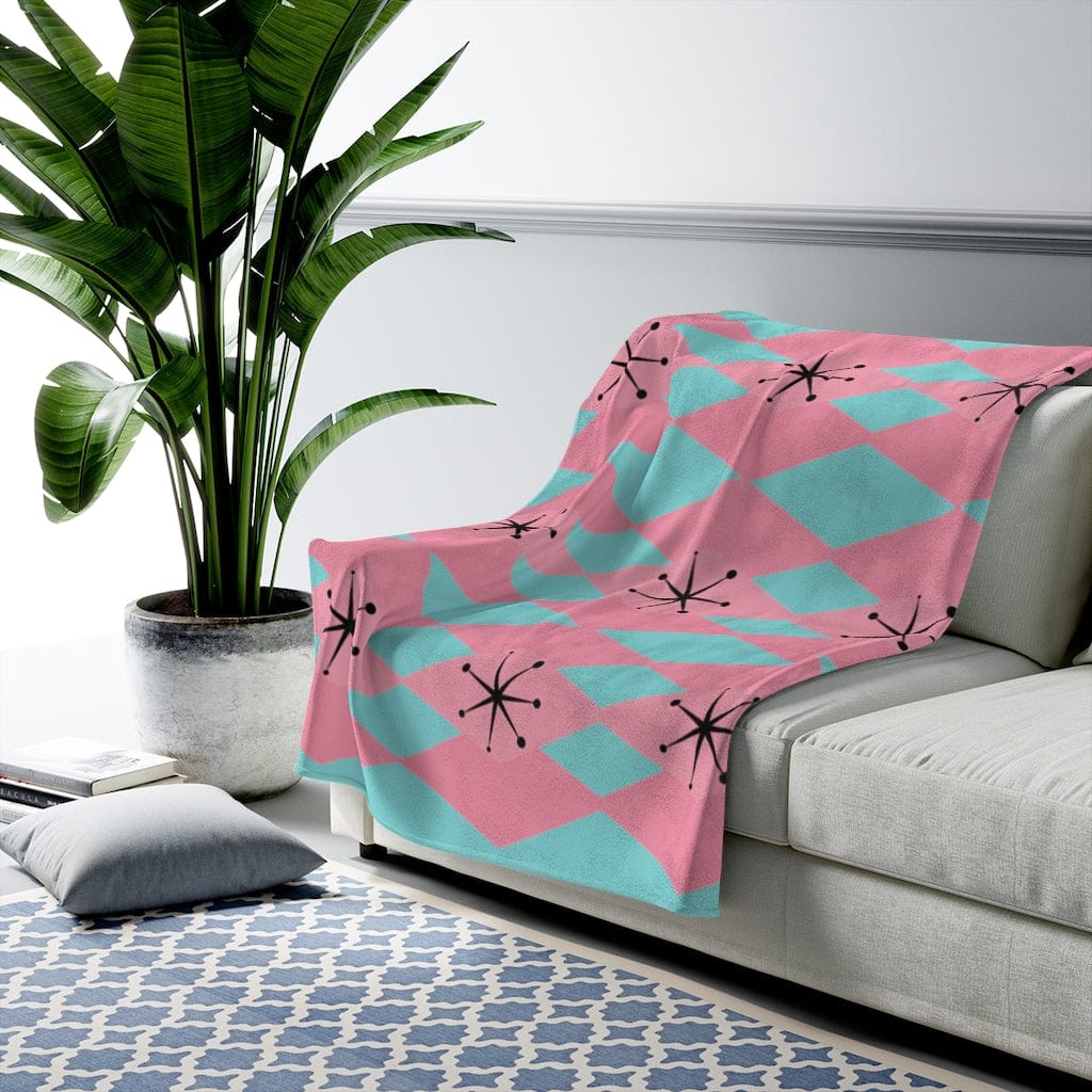 Mid Mod, MCM Mid Century Modern, Retro Blanket Turquoise Blue, Pretty Pink, Atomic 50s, Harlequin Diamonds Velveteen THIN Plush Blanket All Over Prints