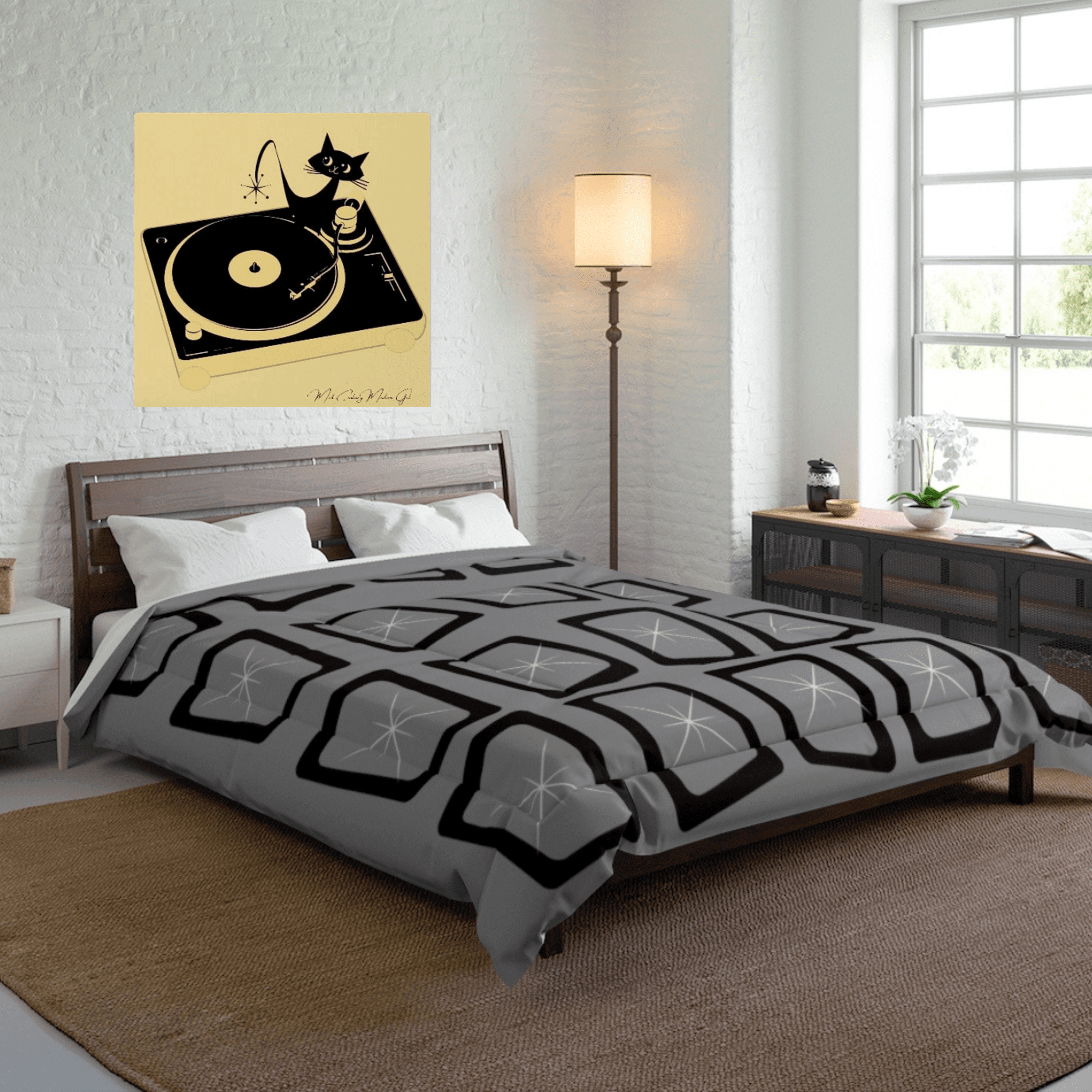 Mid Mod, Modernist, Minamilist, Retro Mid Century Modern, Gray, Black, Geometric Starburst MCM King Or Queen Comforter Home Decor