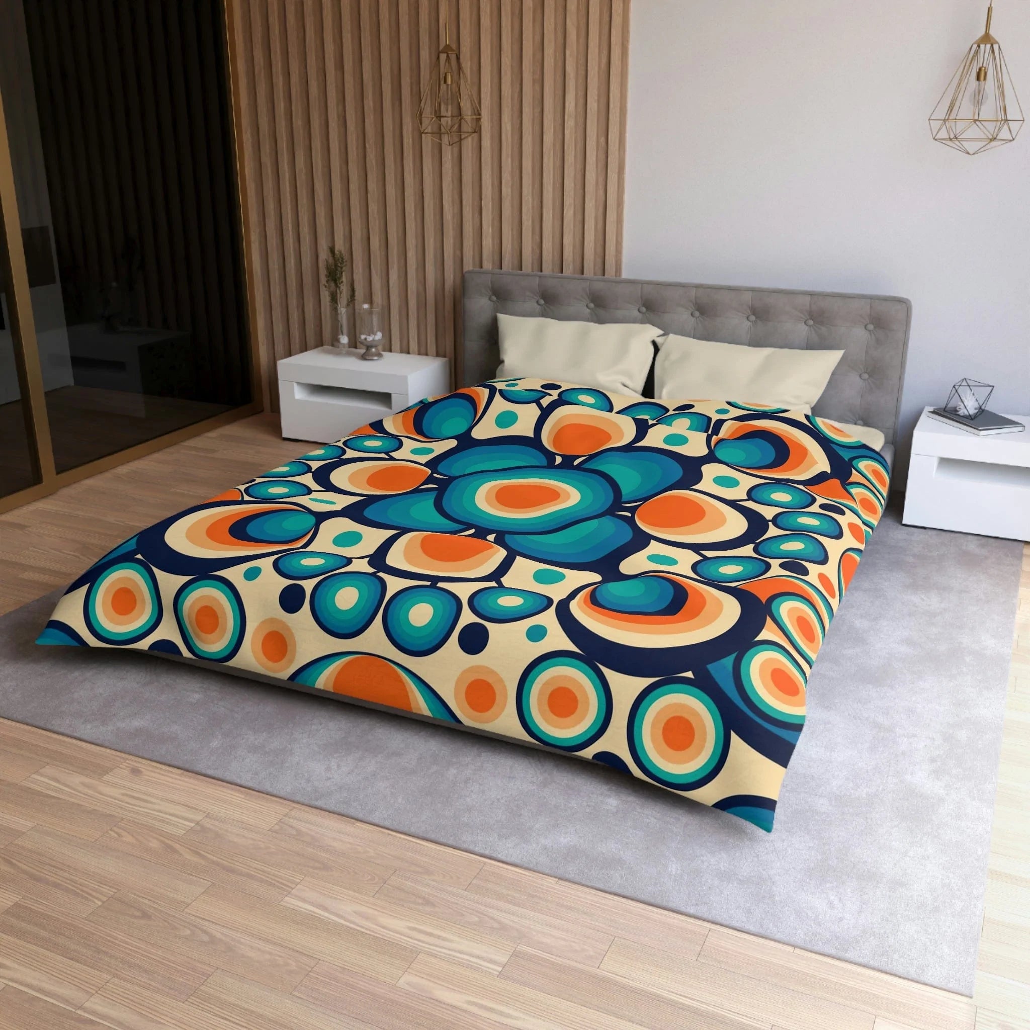Mid Mod, Retro 60s 70s Bedding, Blue, Orange Orbs King Or Queen Duvet Home Decor