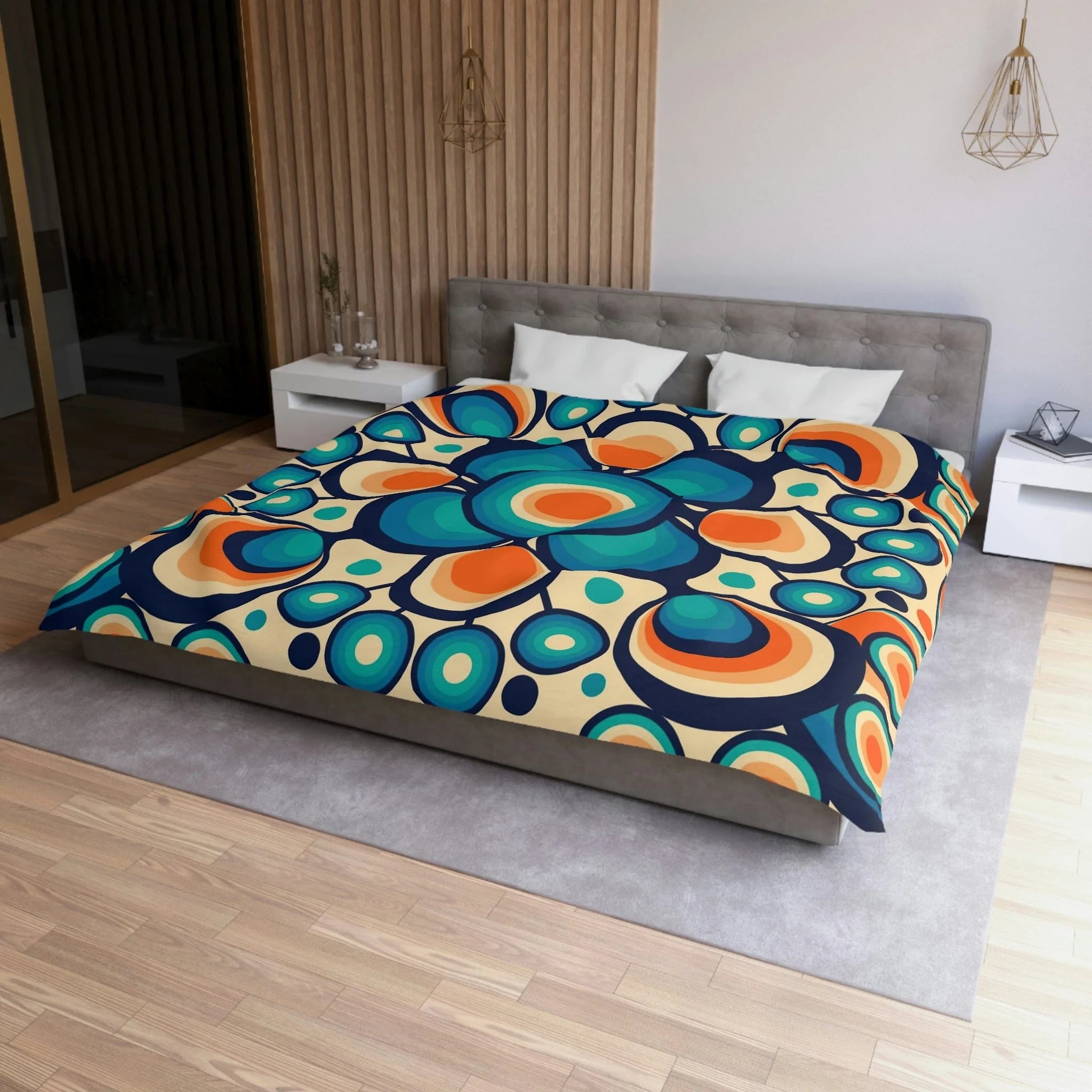 Mid Mod, Retro 60s 70s Bedding, Blue, Orange Orbs King Or Queen Duvet Home Decor