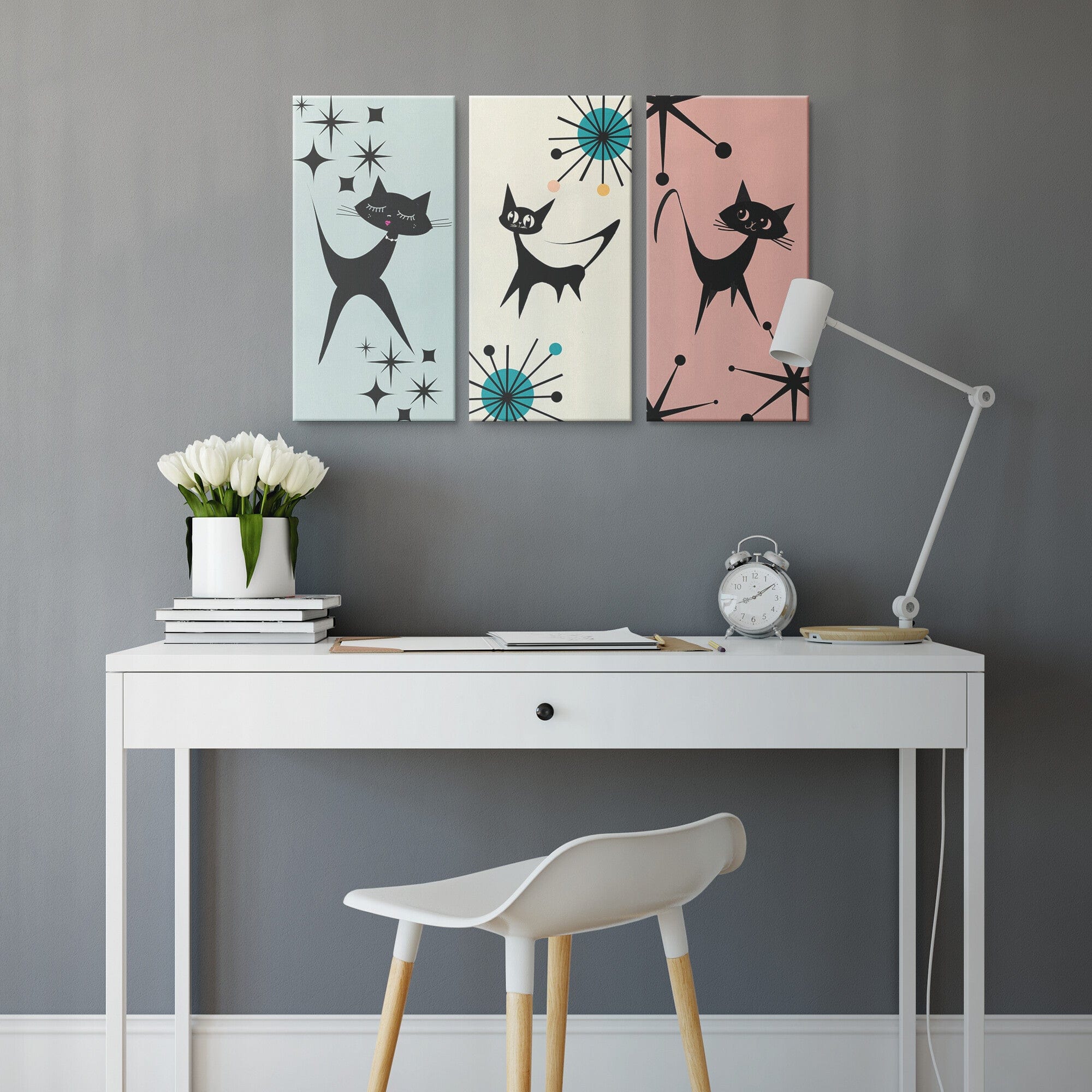 Mod Cat, Atomic Age, Whimsical Retro, Mid Century Modern, Pale Pink, Beige, Mint Blue, MCM Three Piece Custom Canvas Art Wall Art