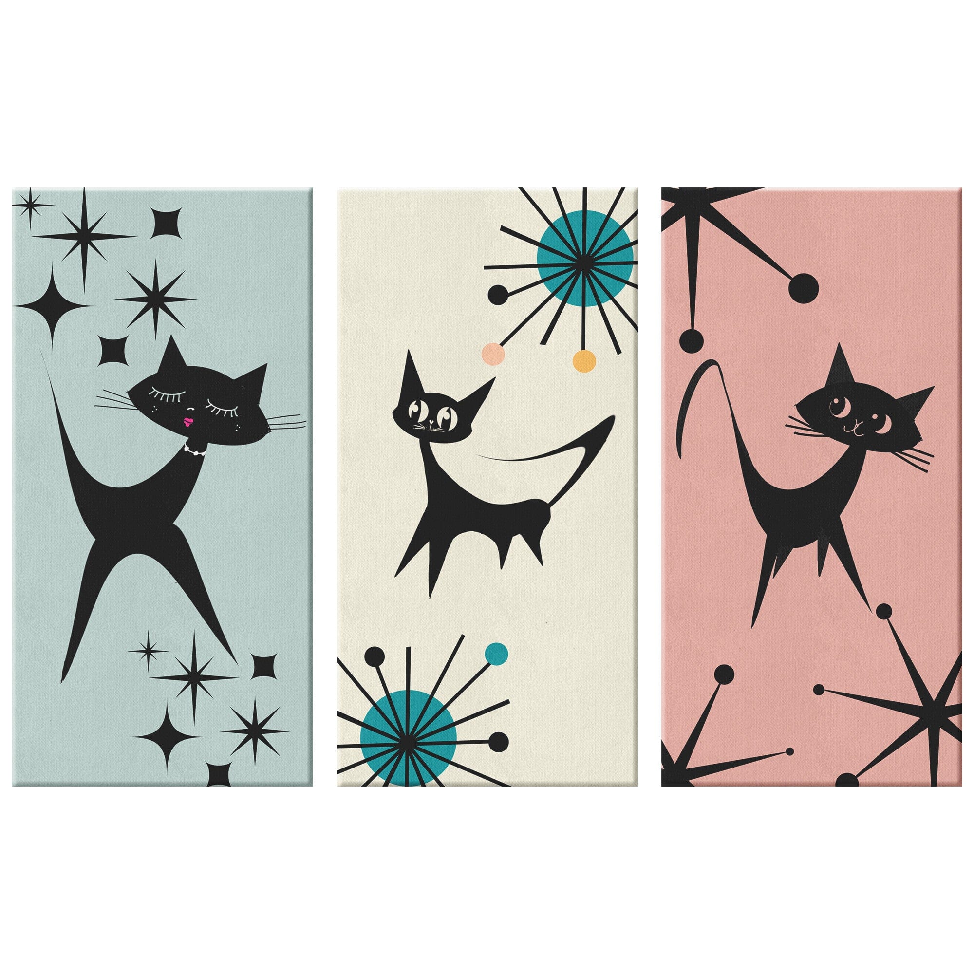 Mod Cat, Atomic Age, Whimsical Retro, Mid Century Modern, Pale Pink, Beige, Mint Blue, MCM Three Piece Custom Canvas Art Wall Art
