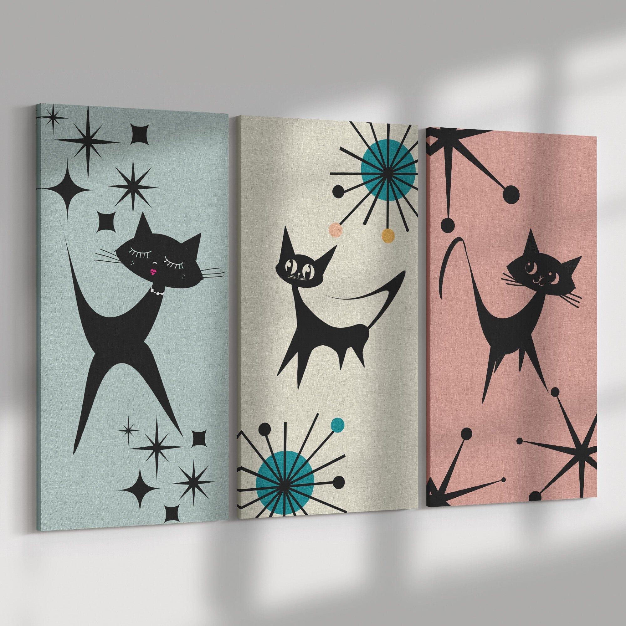 Mod Cat, Atomic Age, Whimsical Retro, Mid Century Modern, Pale Pink, Beige, Mint Blue, MCM Three Piece Custom Canvas Art Wall Art