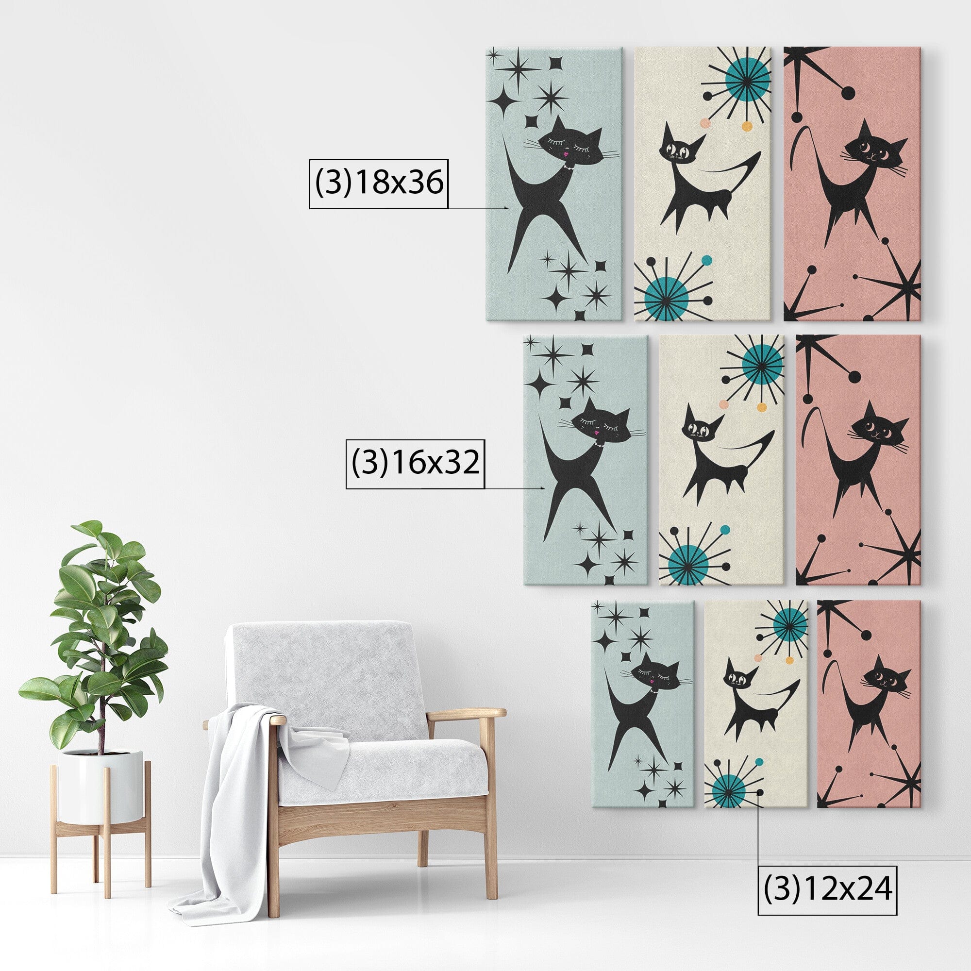 Mod Cat, Atomic Age, Whimsical Retro, Mid Century Modern, Pale Pink, Beige, Mint Blue, MCM Three Piece Custom Canvas Art Wall Art