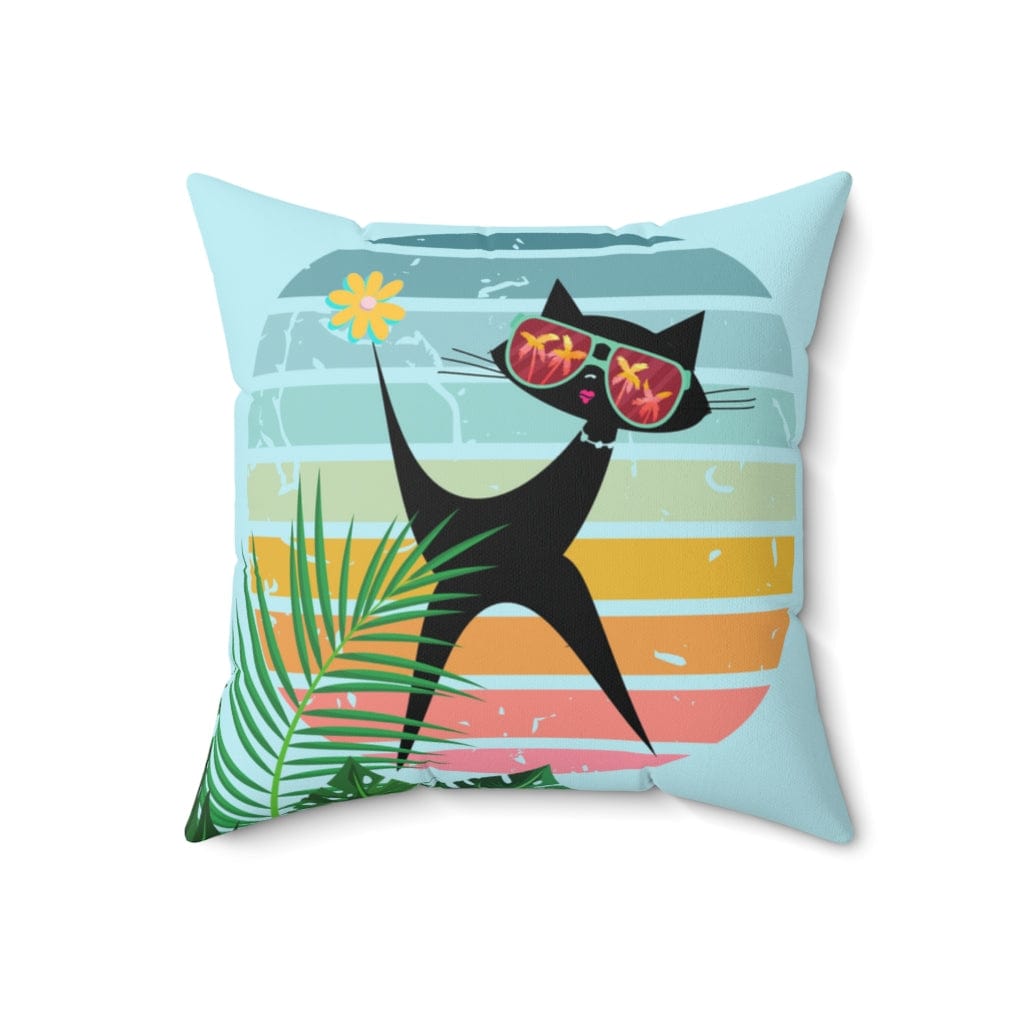 Mod Cat, Palm Spring, Cali, Florida, Tropical, Retro Groovy, Aqua, Pink, Mid Mod Pillow Cushion And Insert Home Decor