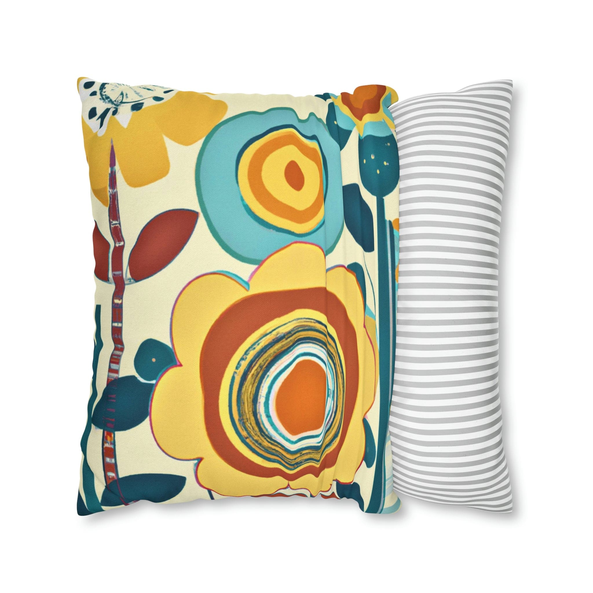 Modern Scandinavian, Floral, Folk Art, Turquoise, Yellow, Rust, Retro Pillow Case Home Decor