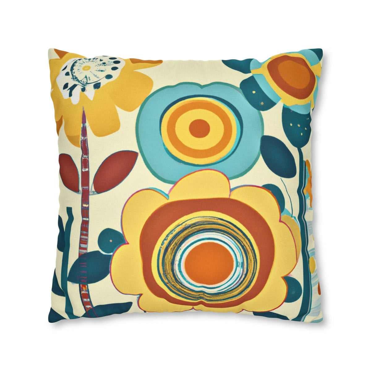 Modern Scandinavian, Floral, Folk Art, Turquoise, Yellow, Rust, Retro Pillow Case Home Decor