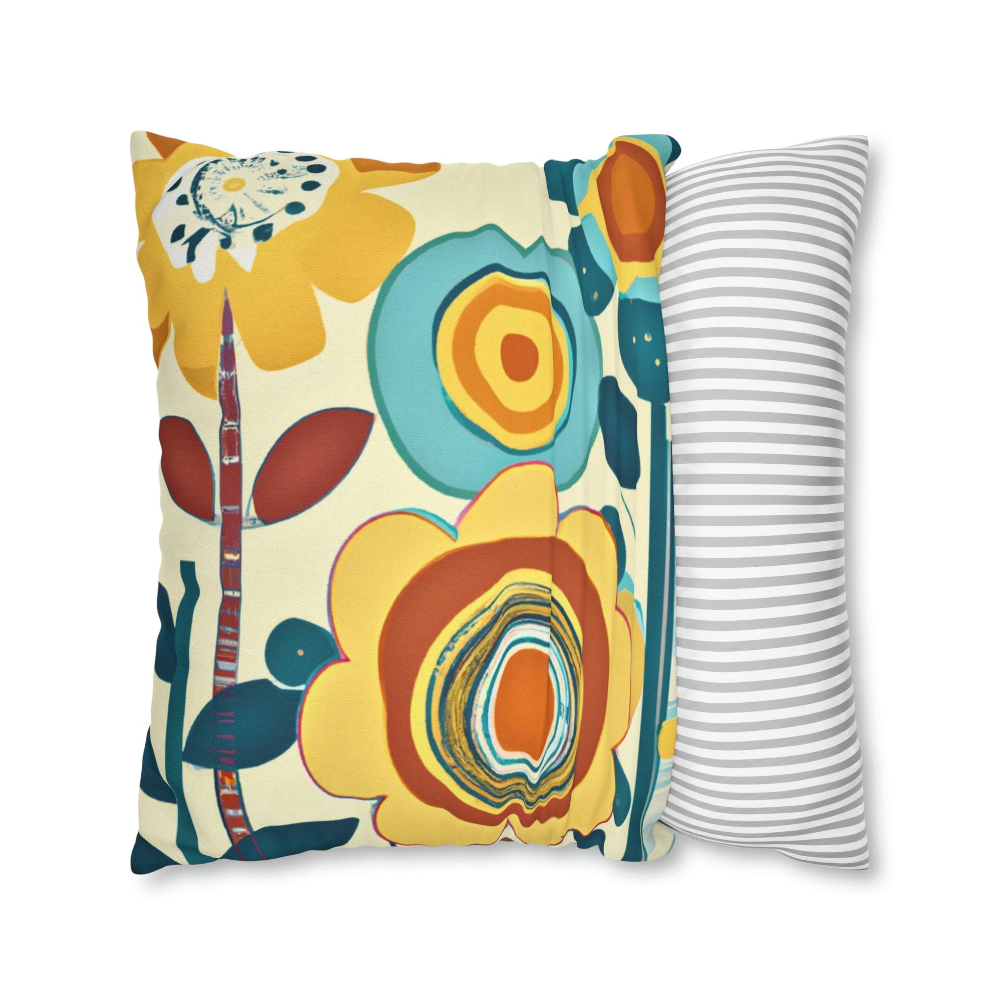 Modern Scandinavian, Floral, Folk Art, Turquoise, Yellow, Rust, Retro Pillow Case Home Decor