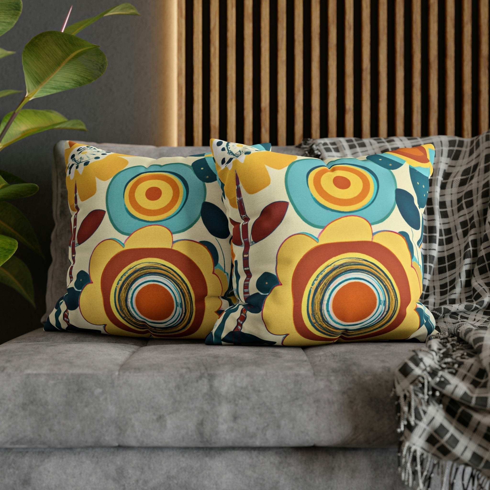 Modern Scandinavian, Floral, Folk Art, Turquoise, Yellow, Rust, Retro Pillow Case Home Decor