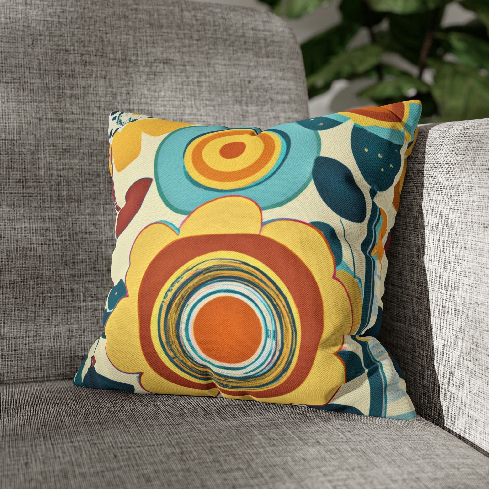 Modern Scandinavian, Floral, Folk Art, Turquoise, Yellow, Rust, Retro Pillow Case Home Decor