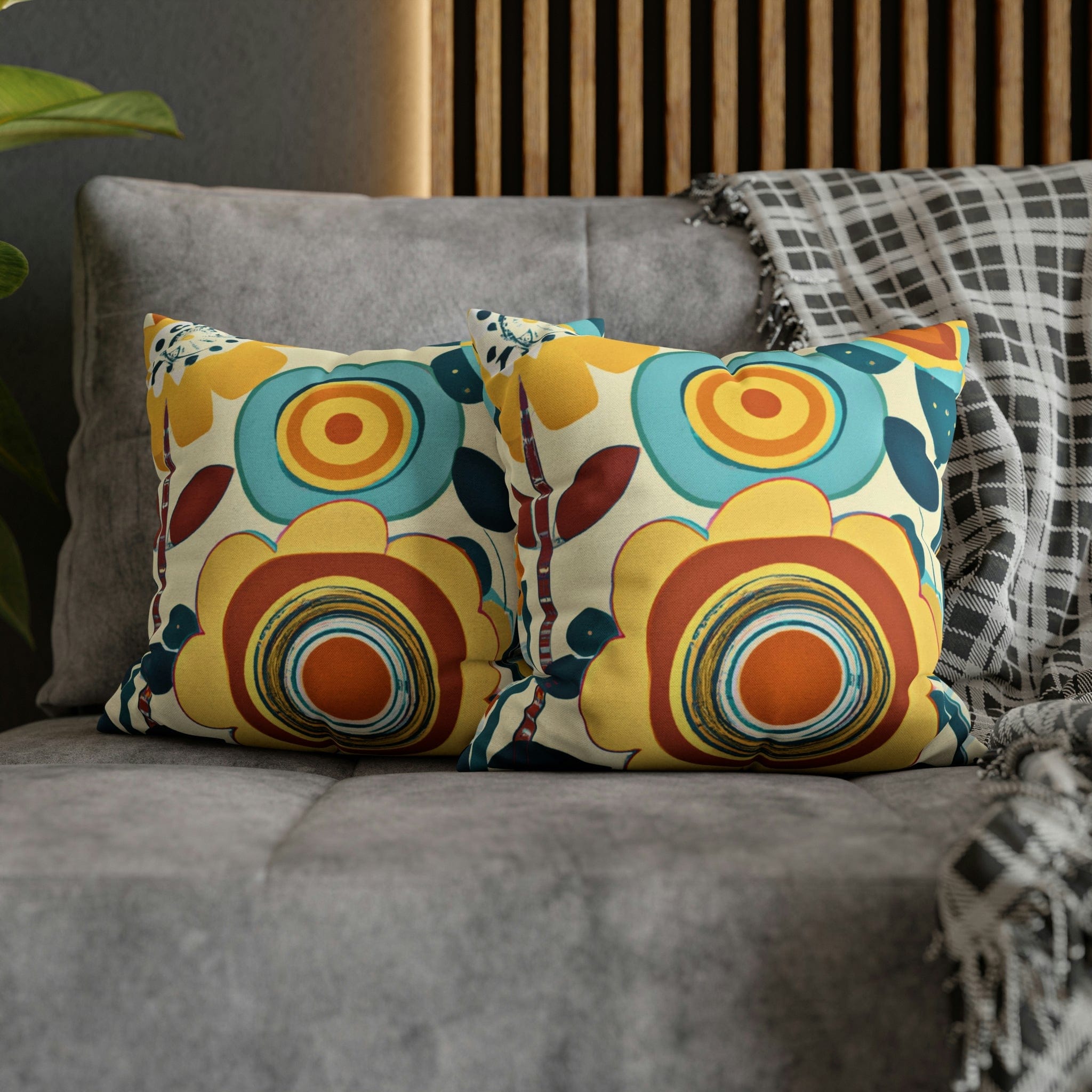 Modern Scandinavian, Floral, Folk Art, Turquoise, Yellow, Rust, Retro Pillow Case Home Decor