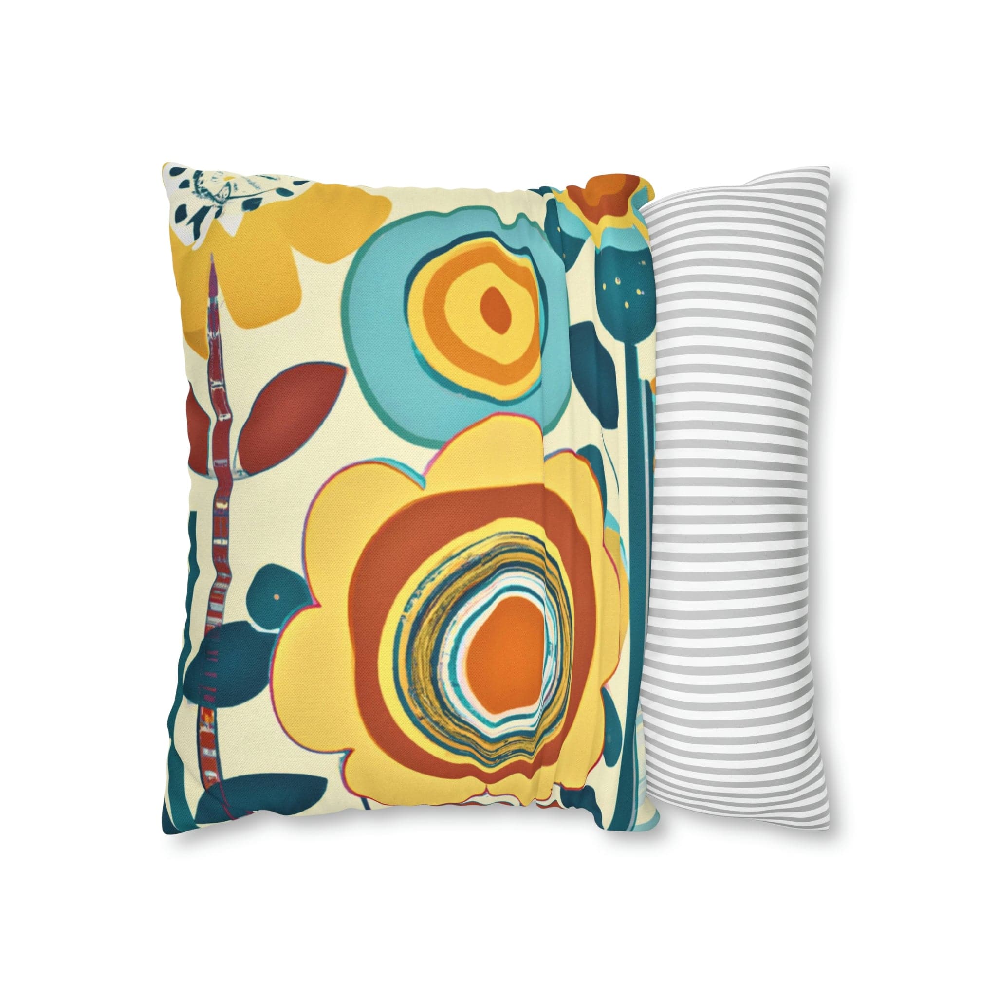 Modern Scandinavian, Floral, Folk Art, Turquoise, Yellow, Rust, Retro Pillow Case Home Decor