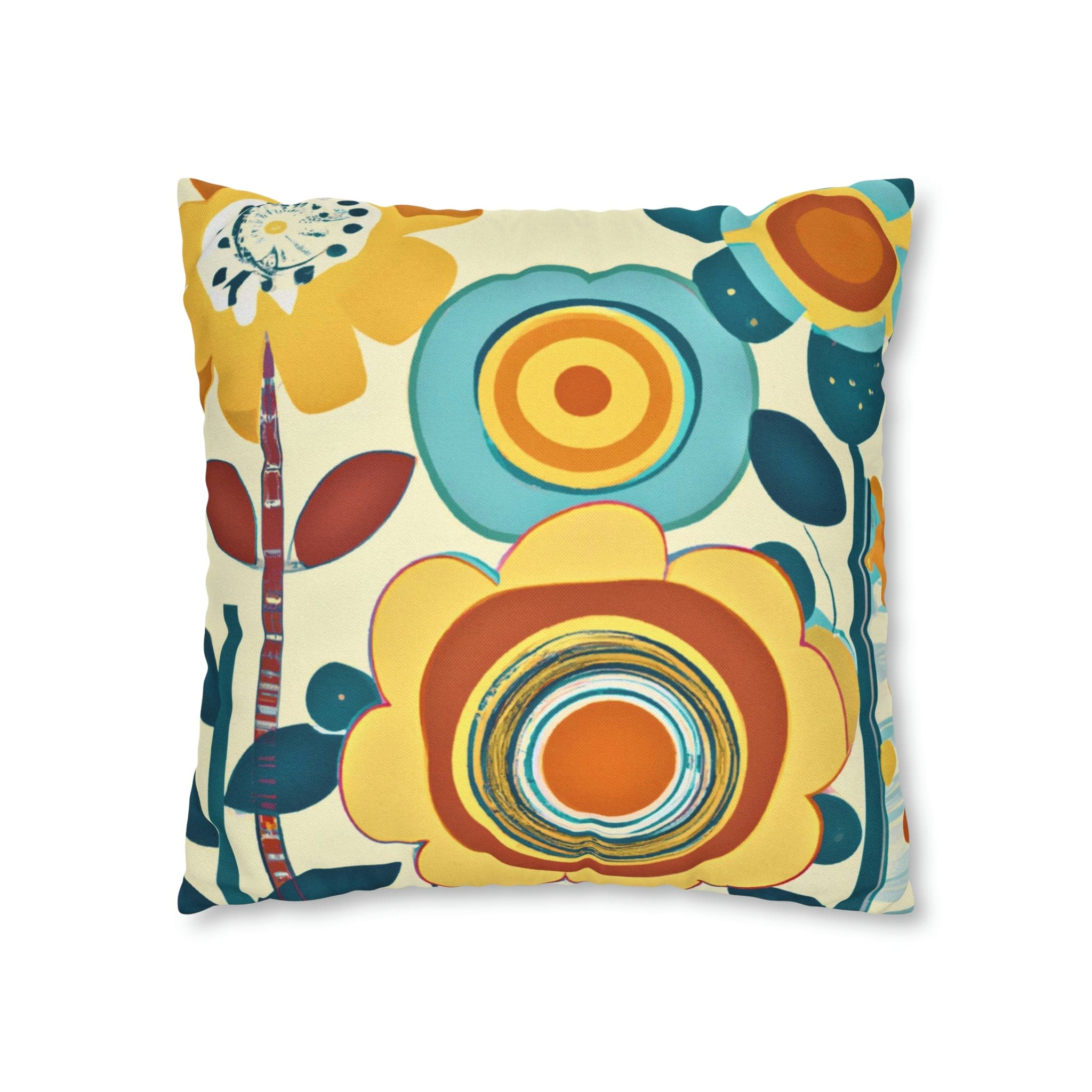 Modern Scandinavian, Floral, Folk Art, Turquoise, Yellow, Rust, Retro Pillow Case Home Decor