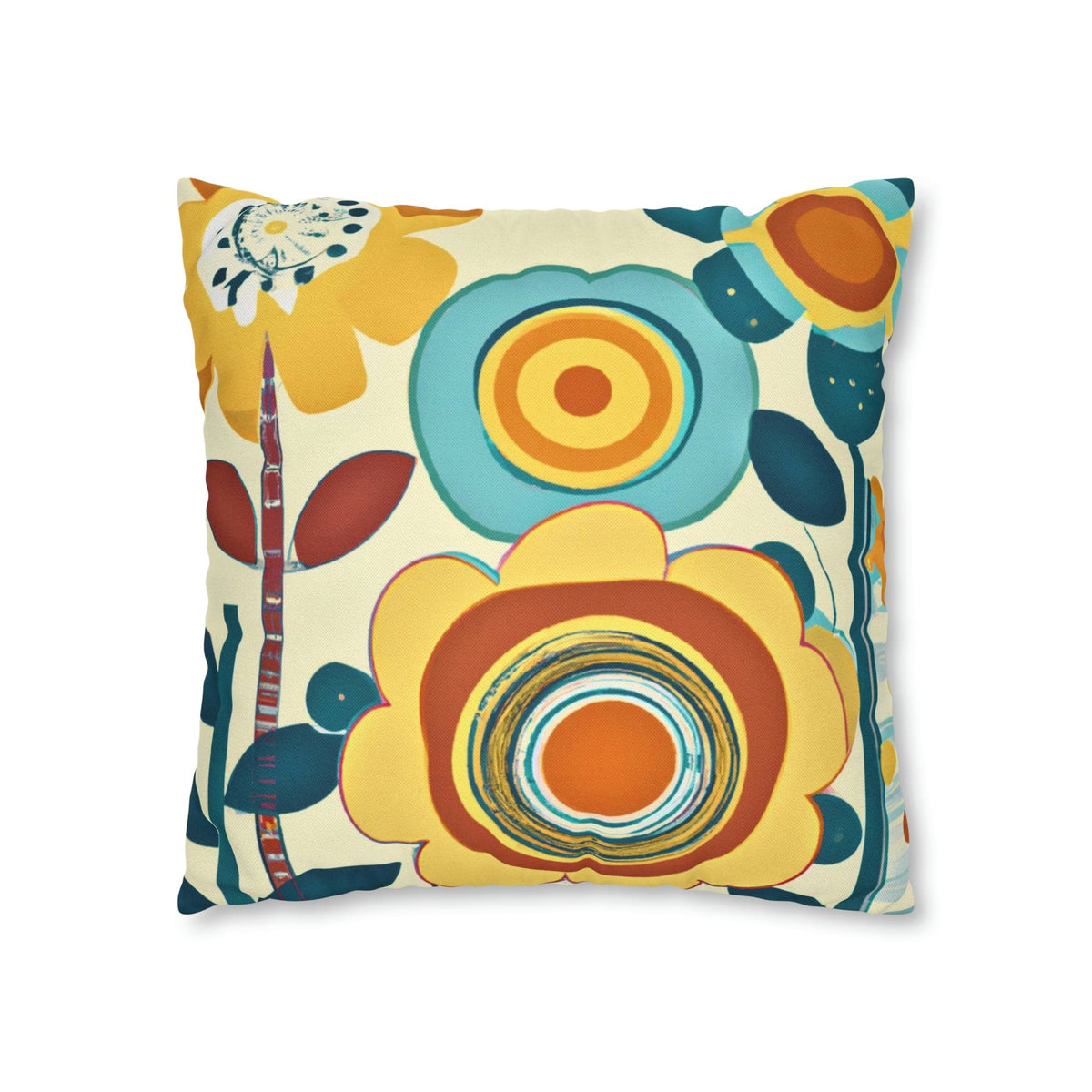 Modern Scandinavian, Floral, Folk Art, Turquoise, Yellow, Rust, Retro Pillow Case Home Decor