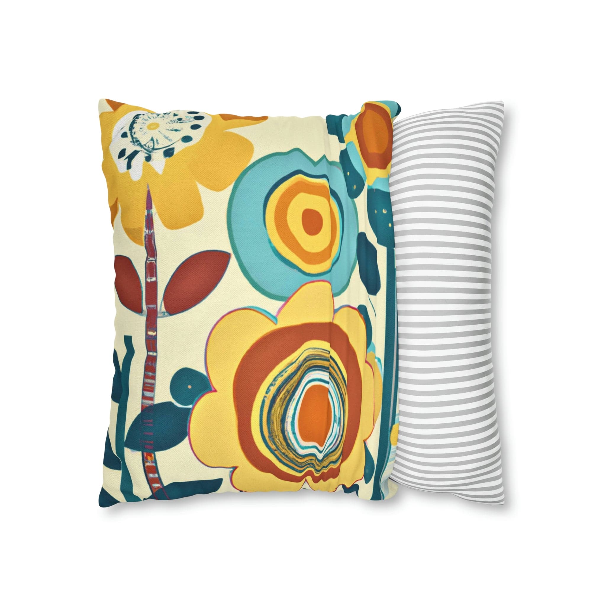 Modern Scandinavian, Floral, Folk Art, Turquoise, Yellow, Rust, Retro Pillow Case Home Decor
