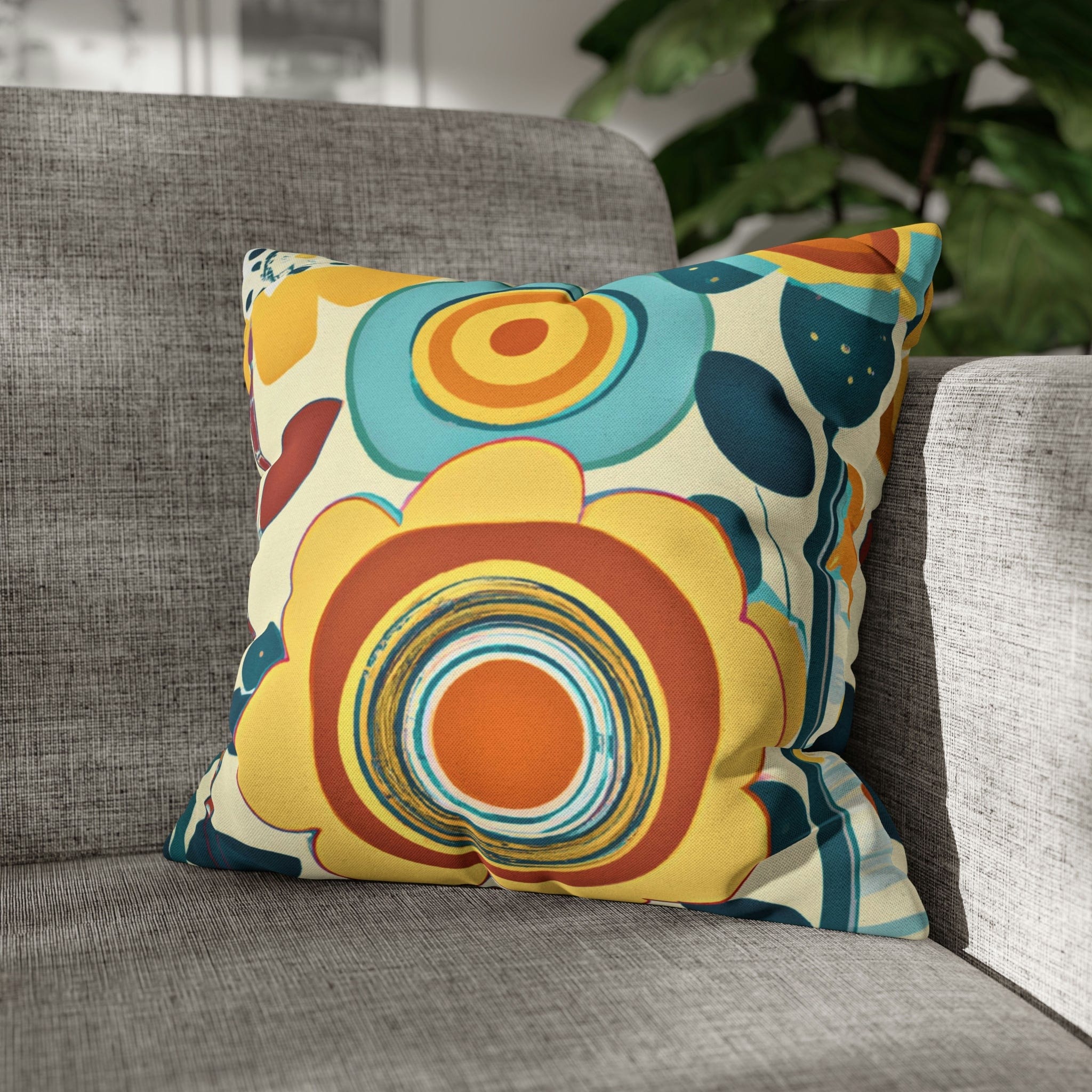 Modern Scandinavian, Floral, Folk Art, Turquoise, Yellow, Rust, Retro Pillow Case Home Decor