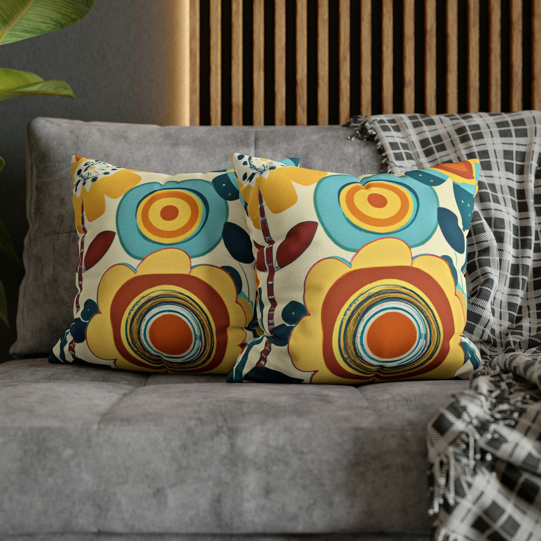 Modern Scandinavian, Floral, Folk Art, Turquoise, Yellow, Rust, Retro Pillow Case Home Decor