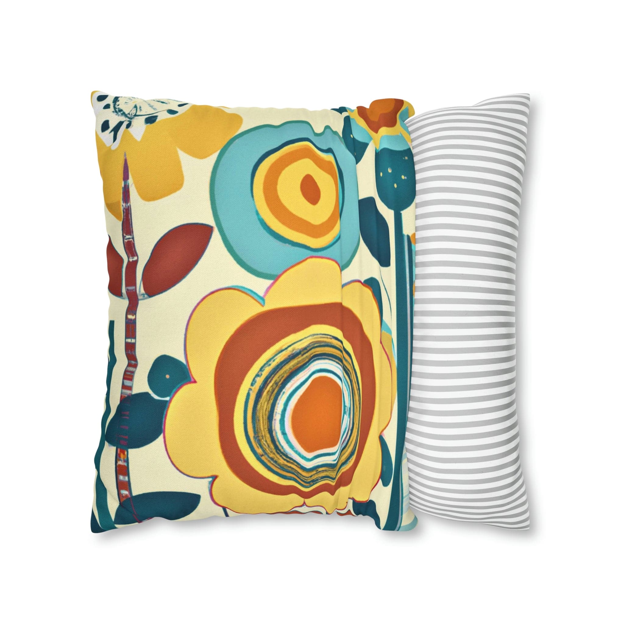 Modern Scandinavian, Floral, Folk Art, Turquoise, Yellow, Rust, Retro Pillow Case Home Decor
