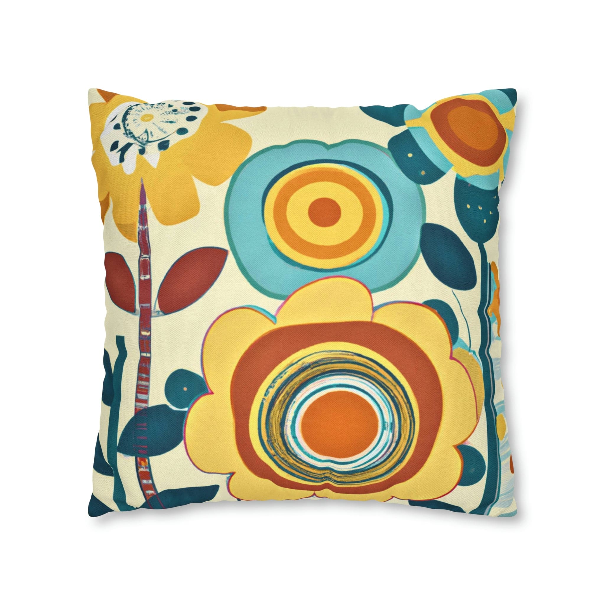 Modern Scandinavian, Floral, Folk Art, Turquoise, Yellow, Rust, Retro Pillow Case Home Decor