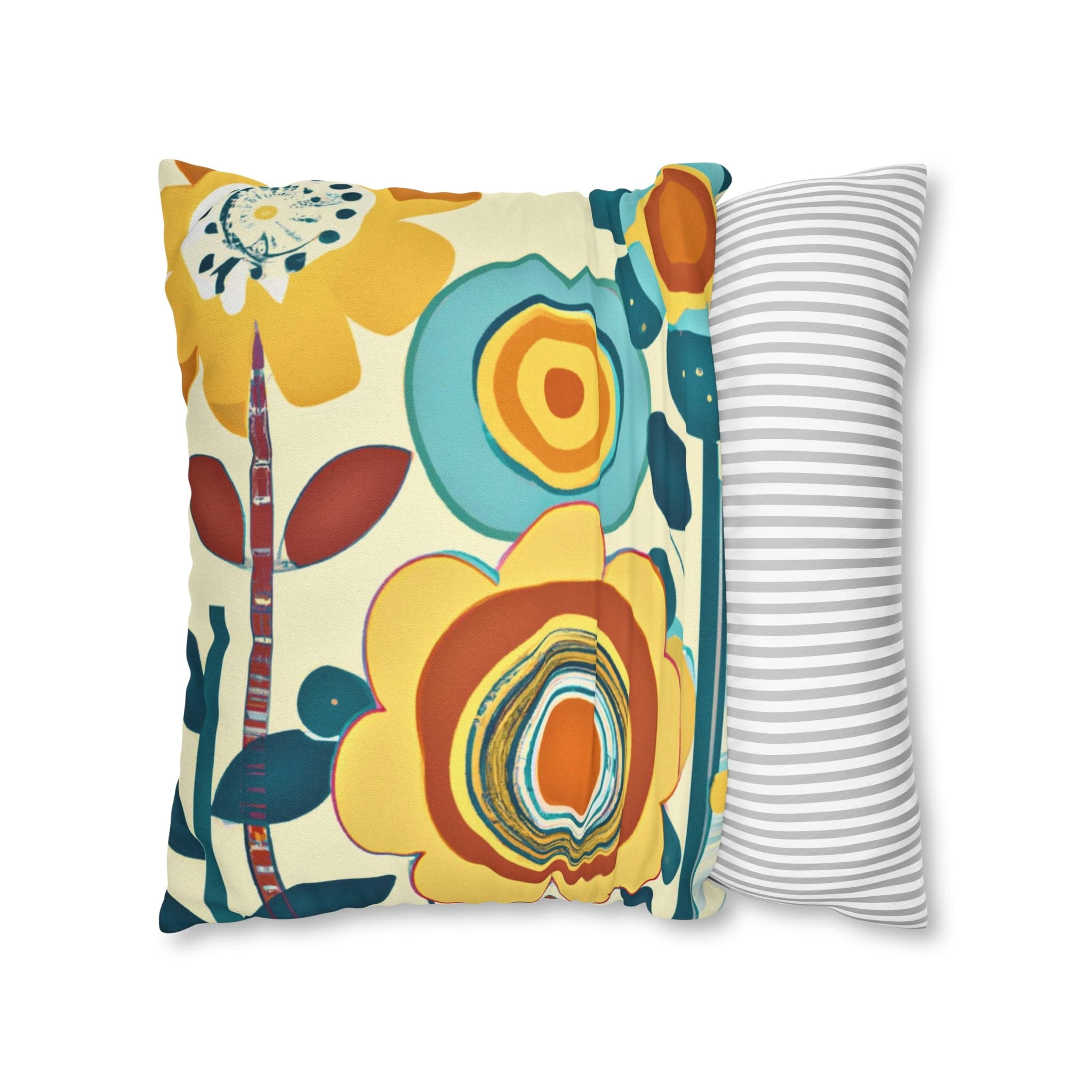 Modern Scandinavian, Floral, Folk Art, Turquoise, Yellow, Rust, Retro Pillow Case Home Decor