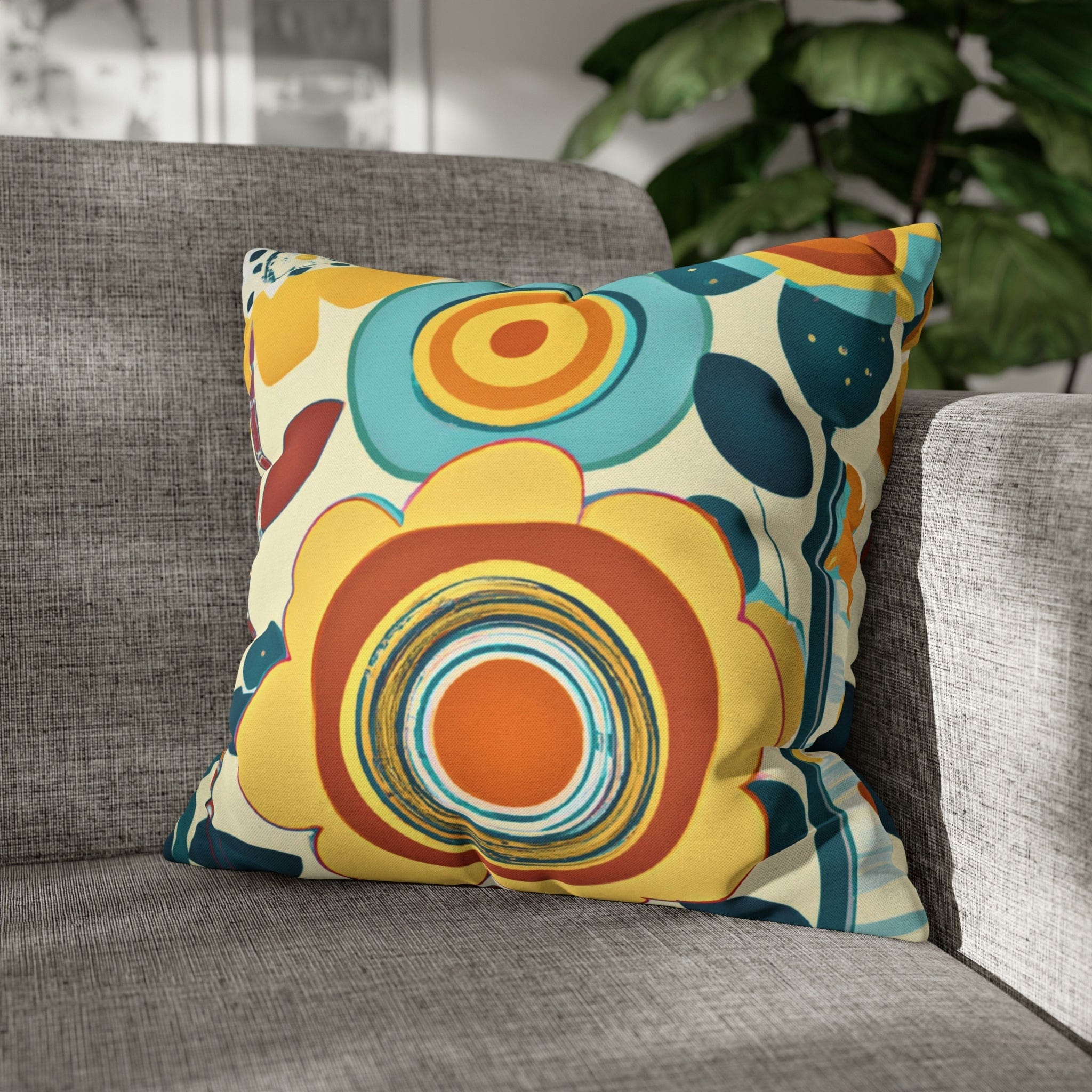 Modern Scandinavian, Floral, Folk Art, Turquoise, Yellow, Rust, Retro Pillow Case Home Decor
