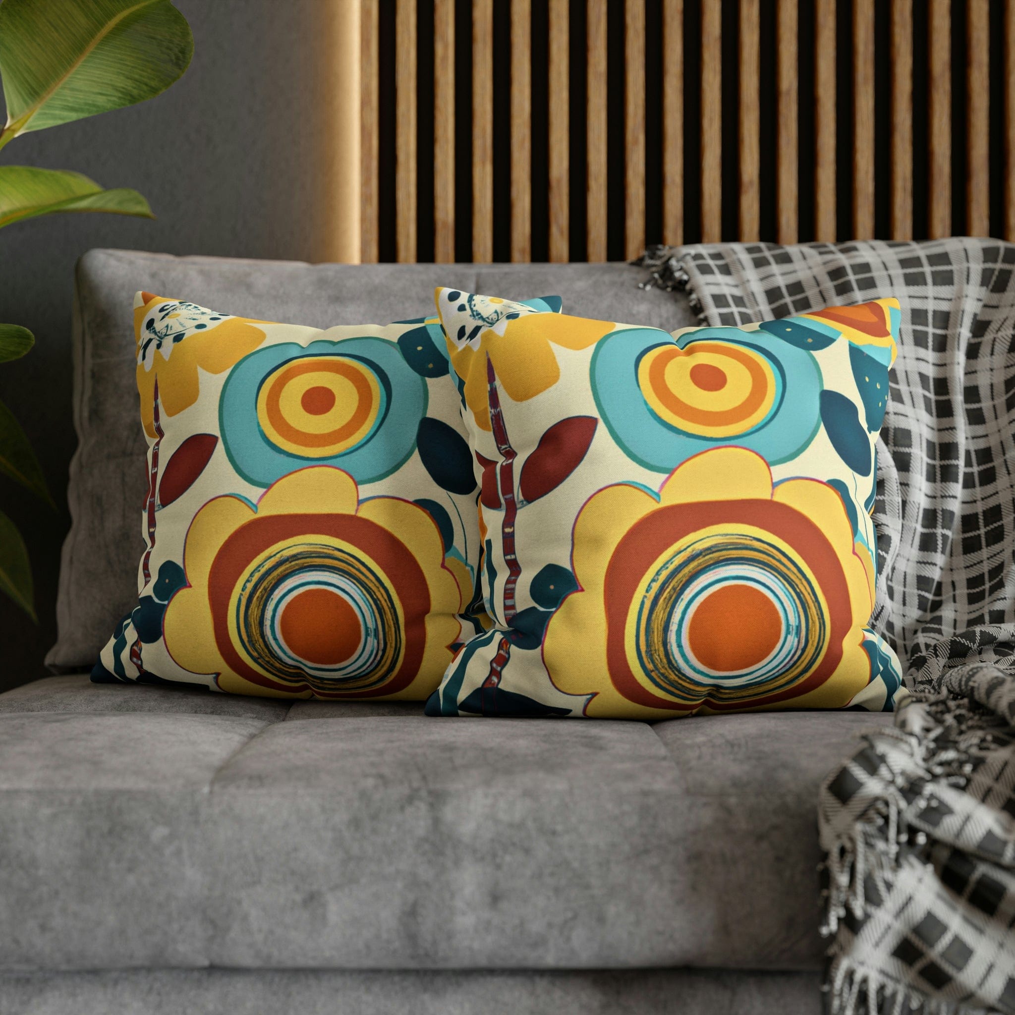 Modern Scandinavian, Floral, Folk Art, Turquoise, Yellow, Rust, Retro Pillow Case Home Decor