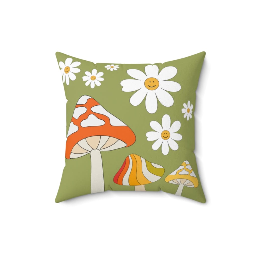 Mushroom Fairy Core, Mod Daisy, Retro Green, White, Orange, Groovy 70's Mid Mod Flower Power, Spun Polyester Square Pillow Home Decor