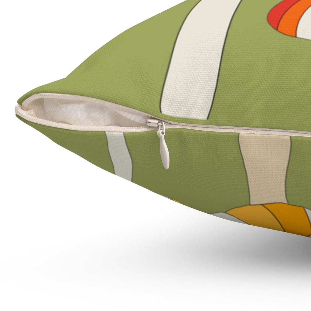 Mushroom Fairy Core, Mod Daisy, Retro Green, White, Orange, Groovy 70's Mid Mod Flower Power, Spun Polyester Square Pillow Home Decor
