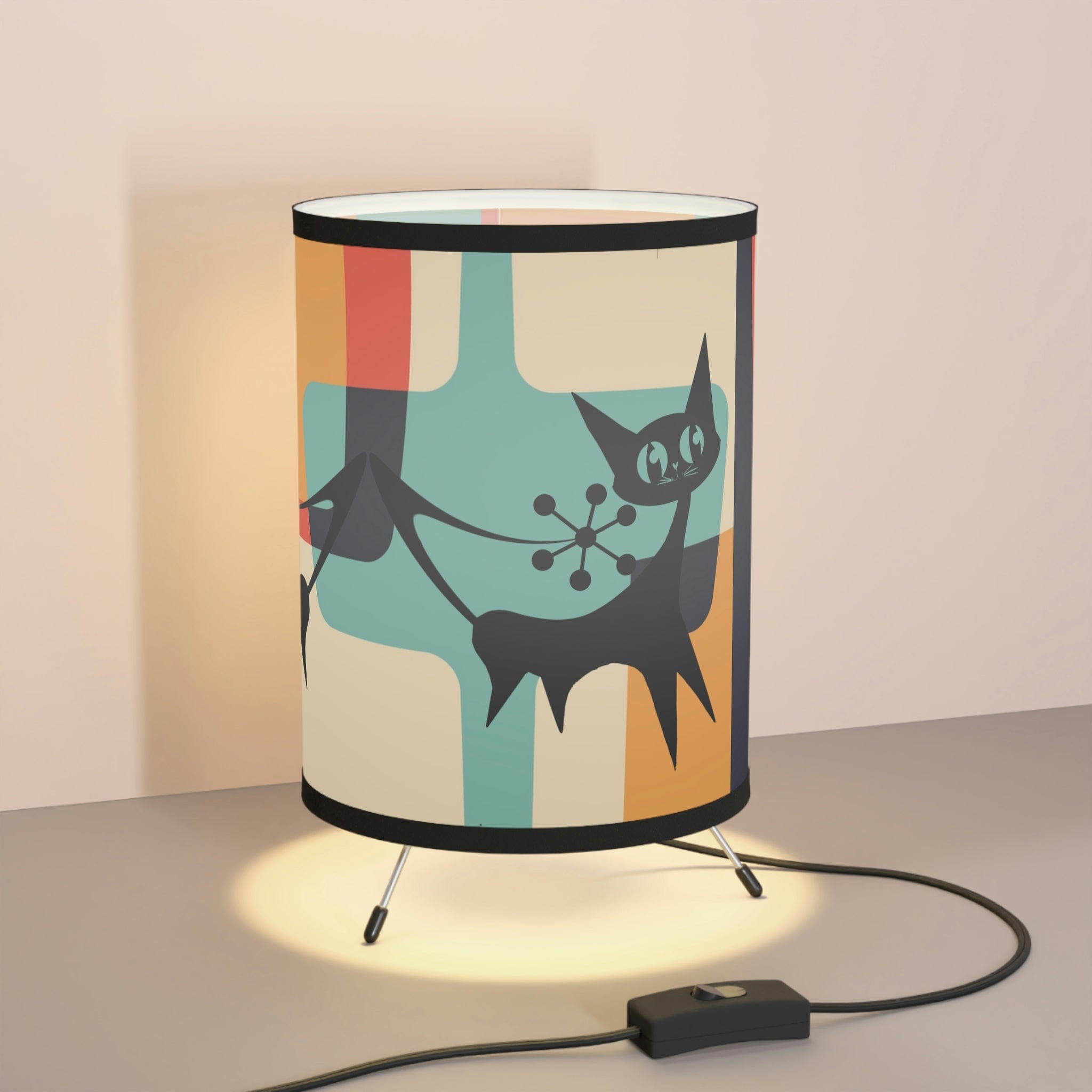 Atomic Cat Retro Geometric, Beige, Slate Gray, Burnt Orange, Mid Century Modern Living Room, Bedroom, Office Tripod. Side Table Mod Lamp Home Decor One size / Black