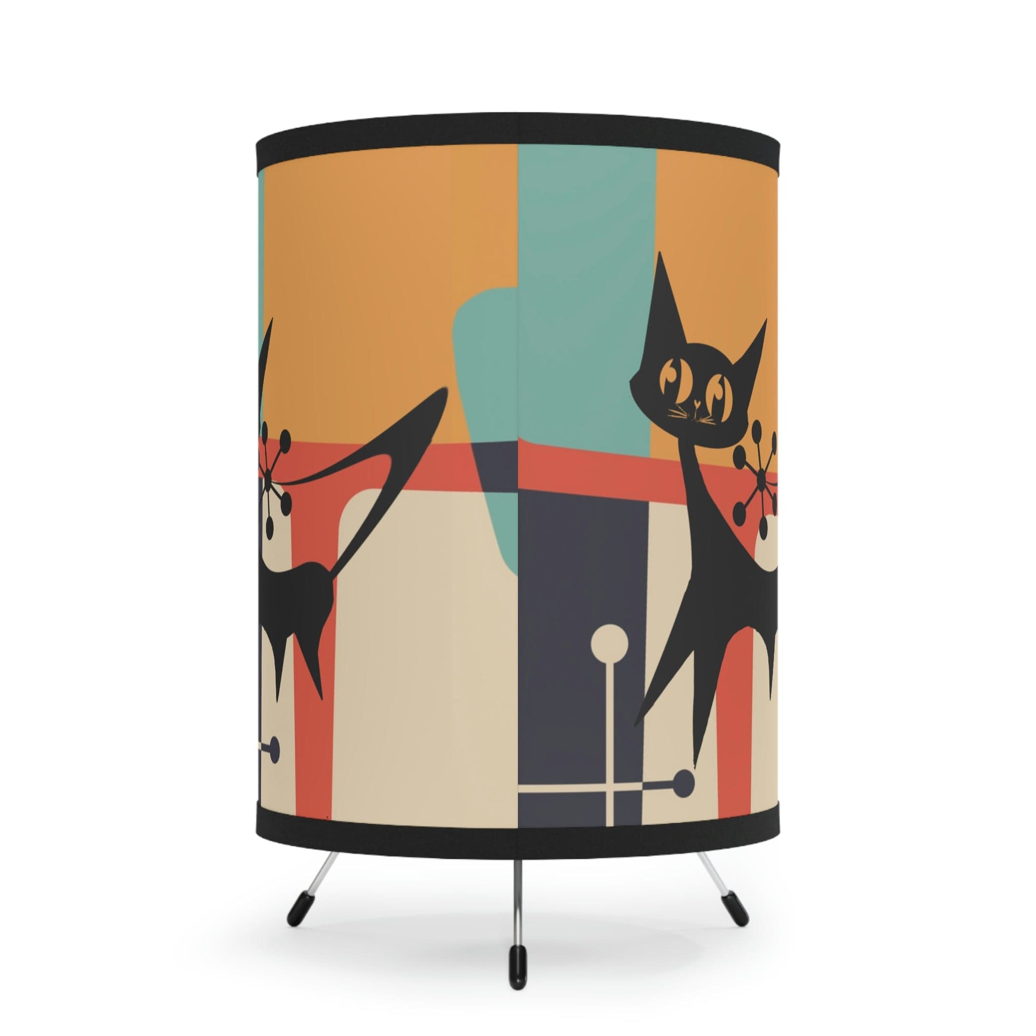 Atomic Cat Retro Geometric, Beige, Slate Gray, Burnt Orange, Mid Century Modern Living Room, Bedroom, Office Tripod. Side Table Mod Lamp Home Decor One size / Black