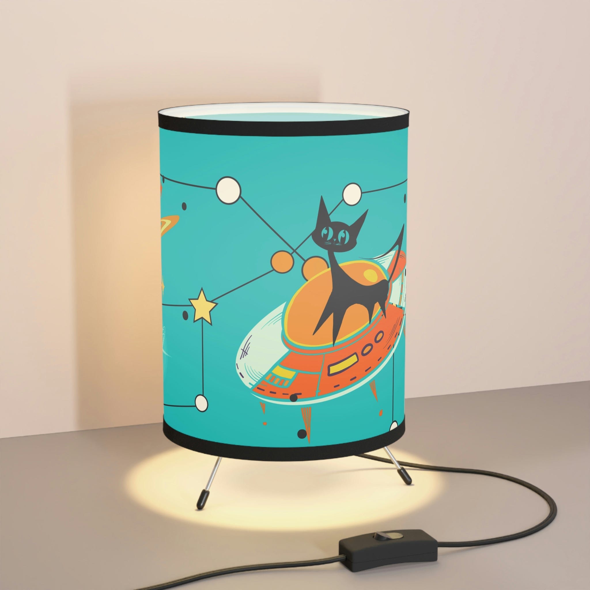 Atomic Space Cat Mod, Mid Mod, Teal Blue, Orange, Retro Tripod Lamp Home Decor One size / Black