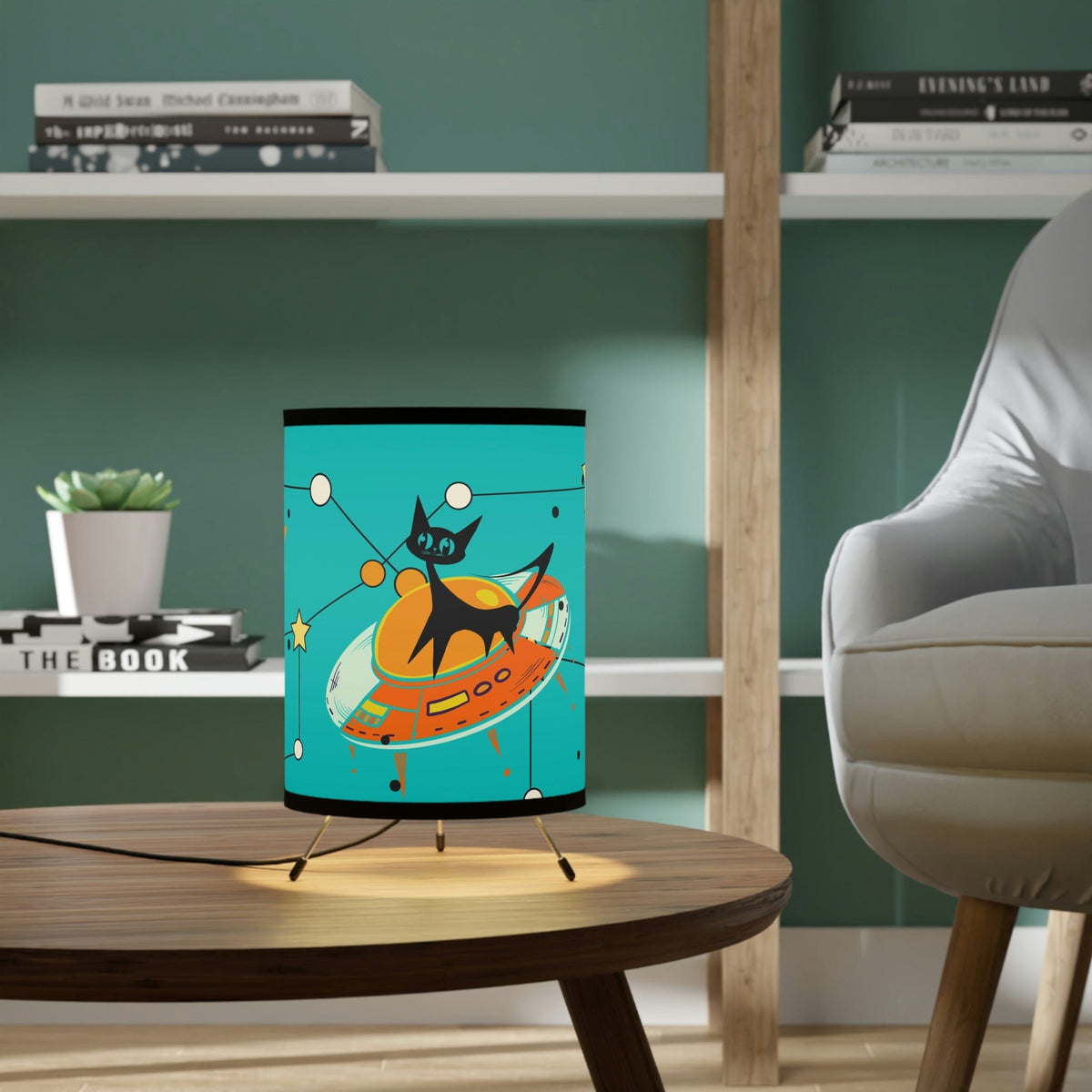 Atomic Space Cat Mod, Mid Mod, Teal Blue, Orange, Retro Tripod Lamp Home Decor One size / Black